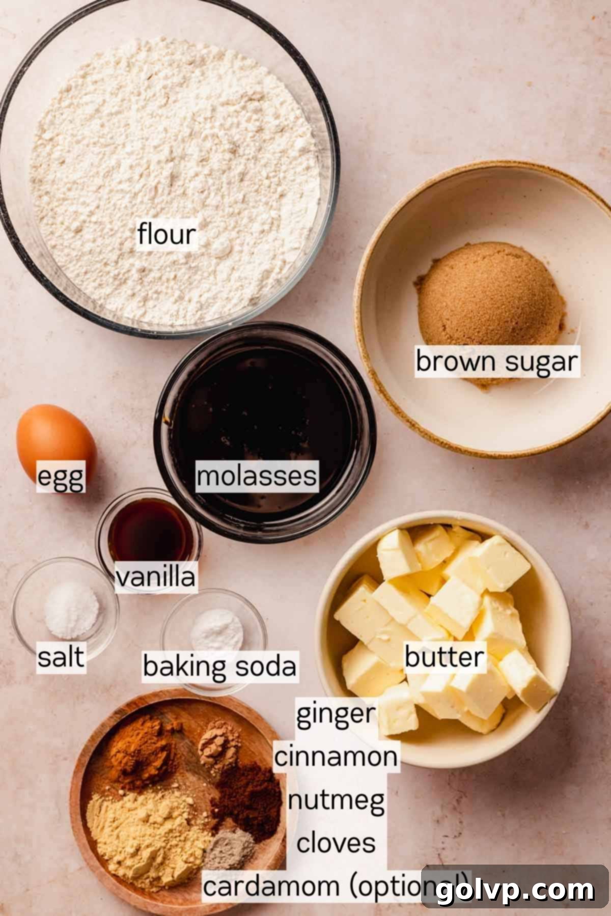 A selection of gingerbread cookie ingredients laid out, including flour, spices, and molasses