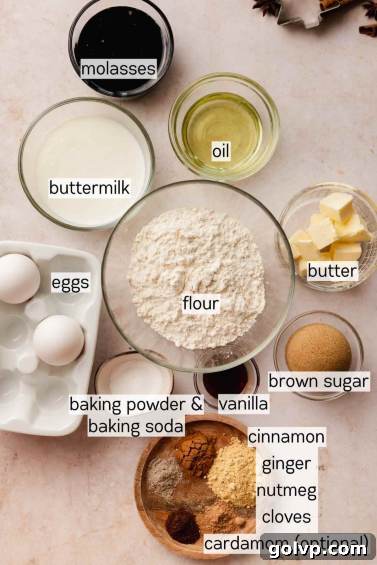 gingerbread cupcake batter ingredients in bowls