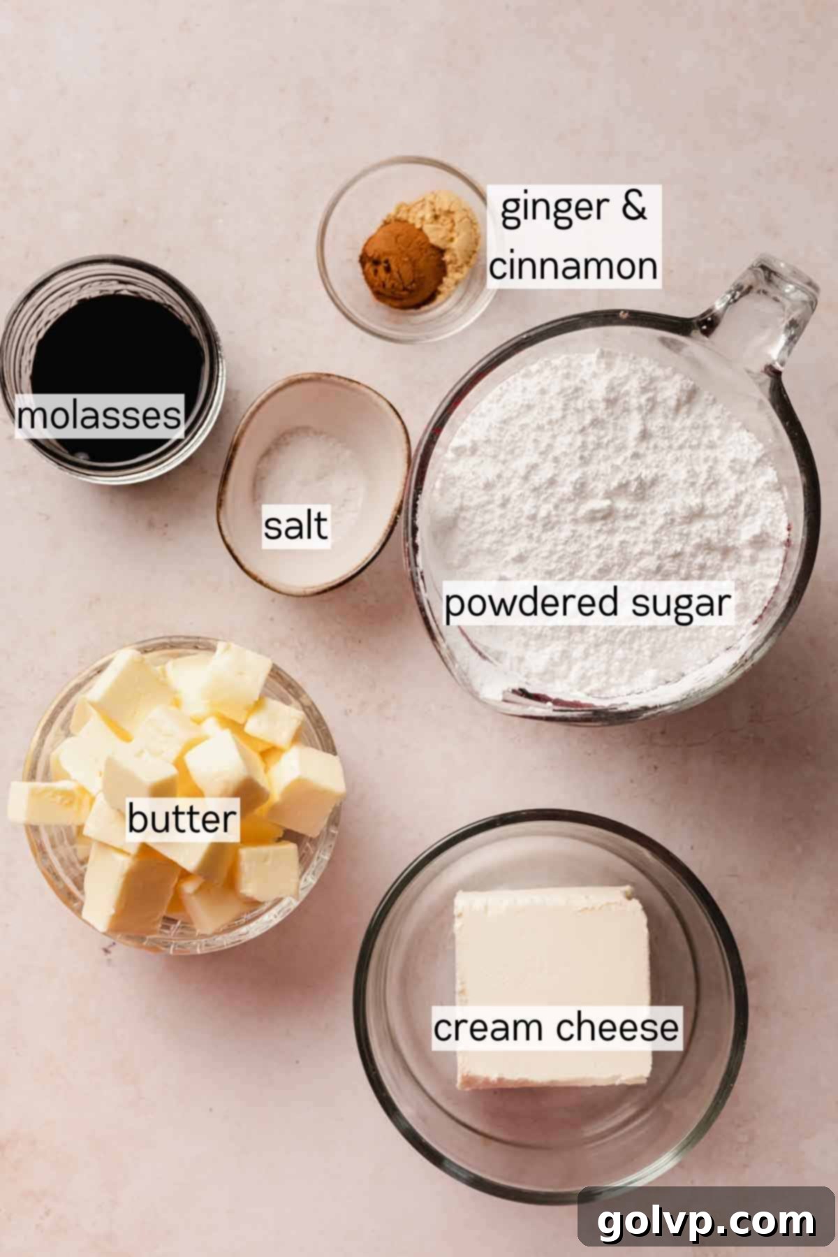 gingerbread cream cheese frosting ingredients in bowls