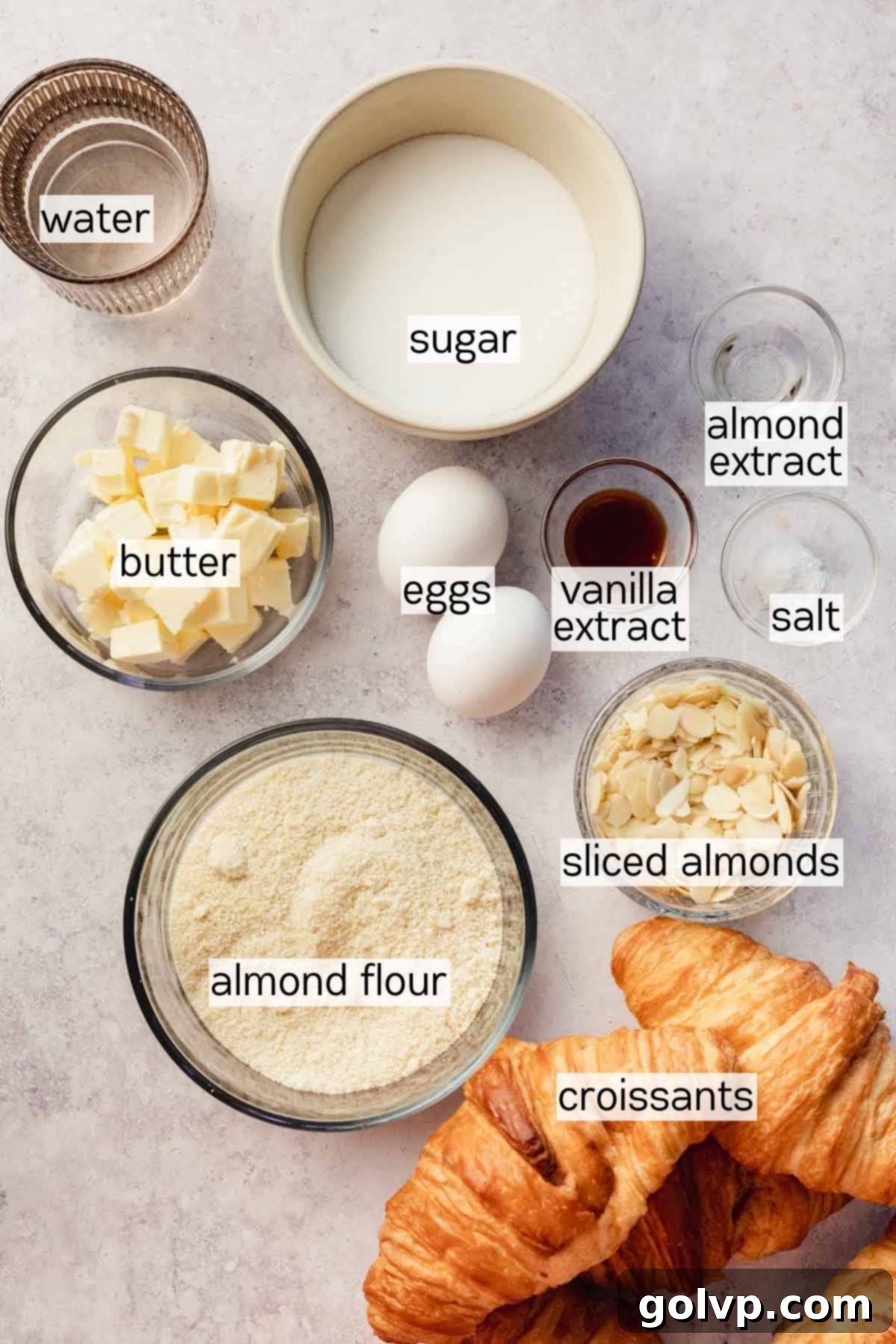 ingredients for almond croissants in little bowls
