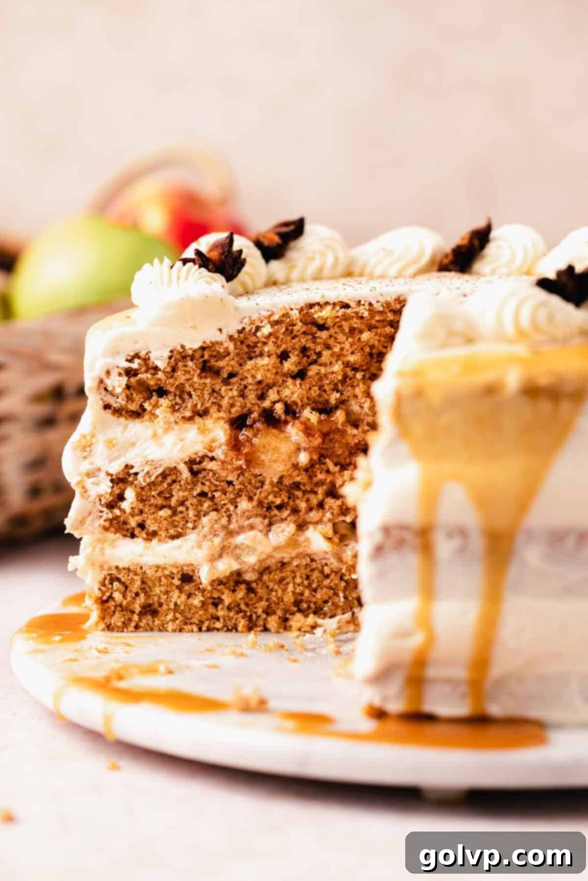 chai cake with caramel sauce and gooey apple filling