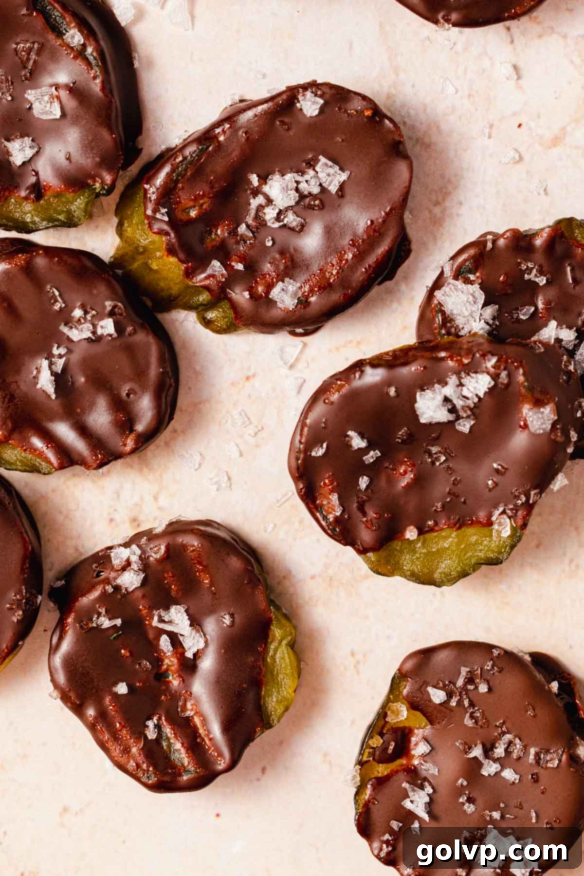 pickle slices dipped in chocolate with flaky salt