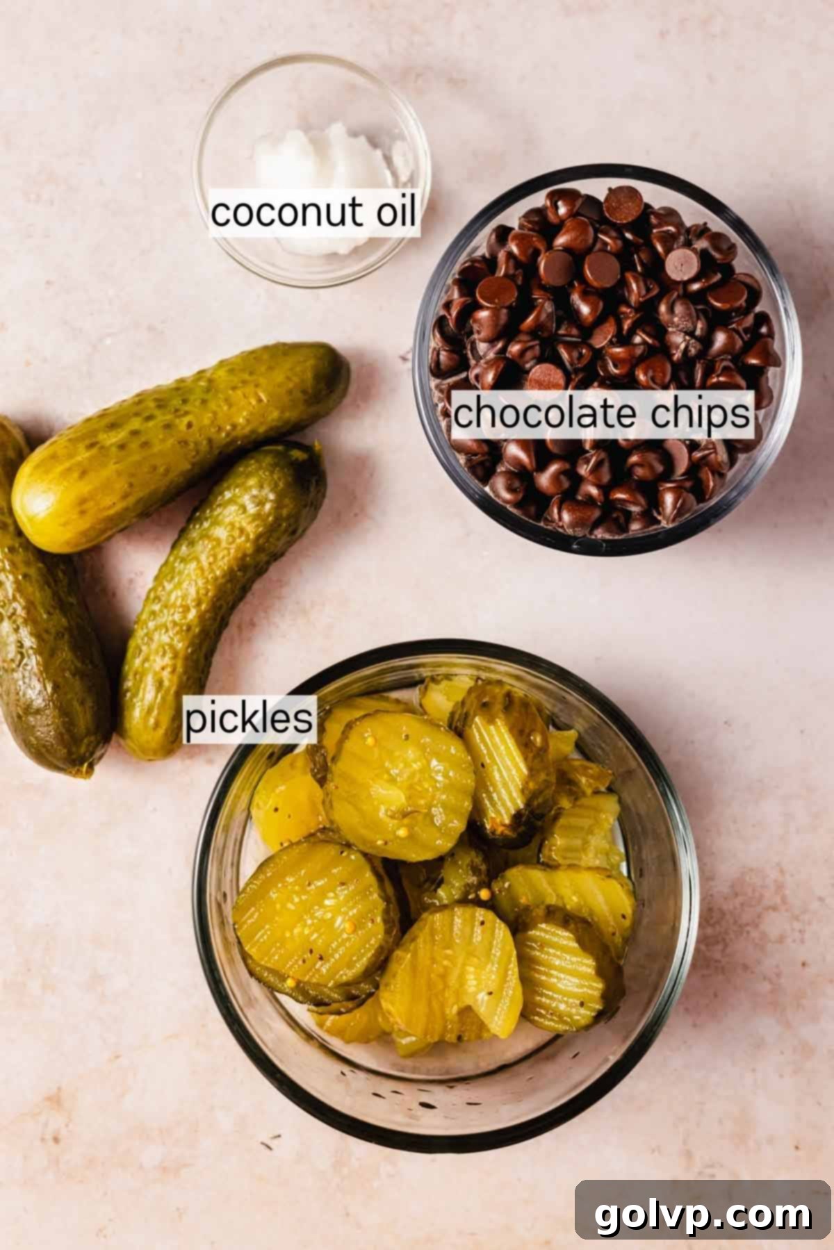 chocolate covered pickles ingredients in bowls