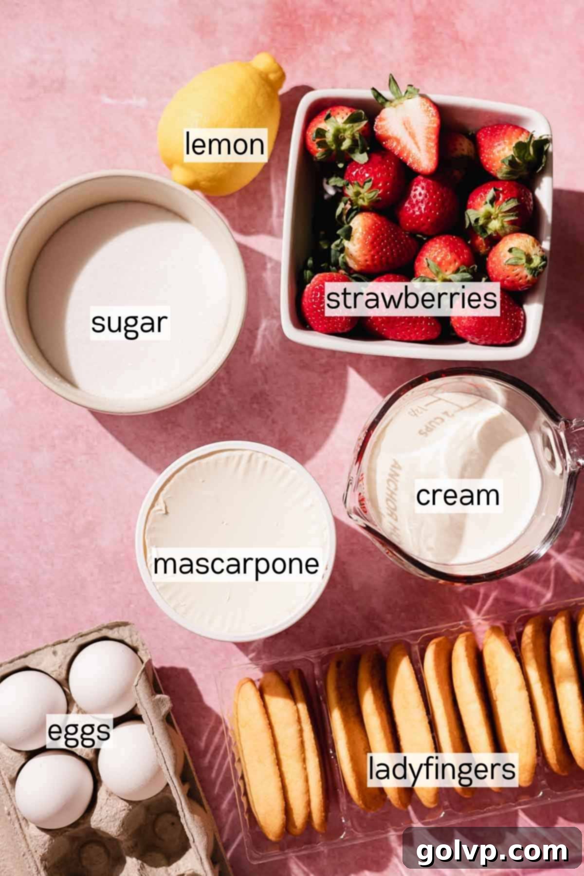 ingredients for strawberry tiramisu in bowls