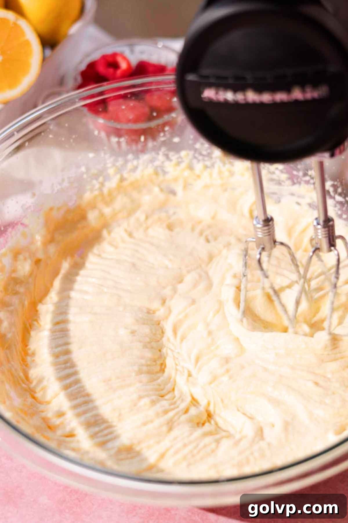 beat wet ingredients together in large glass bowl with electric mixer
