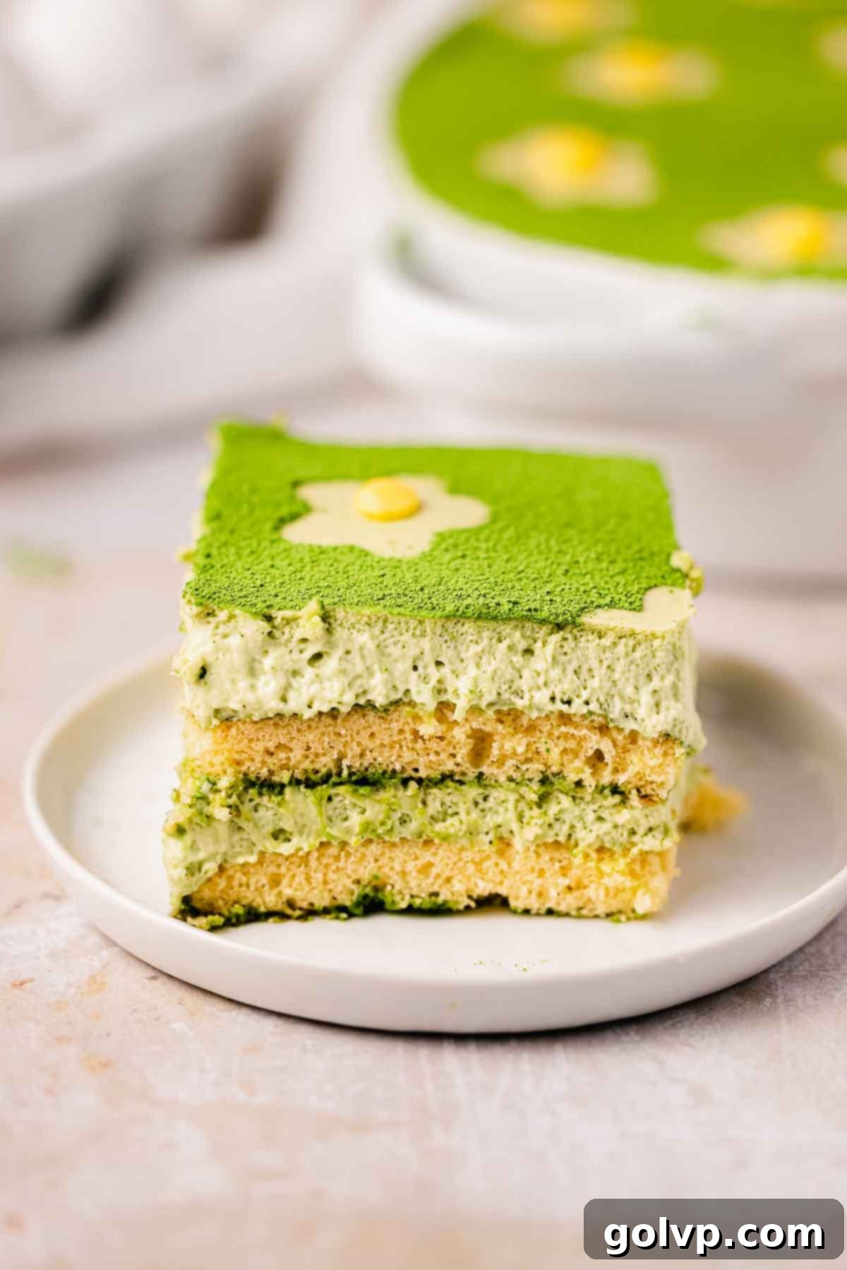 slice of matcha tiramisu on small plate with layers of ladyfingers and filling, showcasing its creamy texture