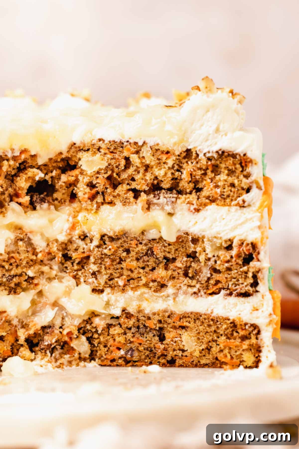 closeup of the pineapple filling inside carrot cake