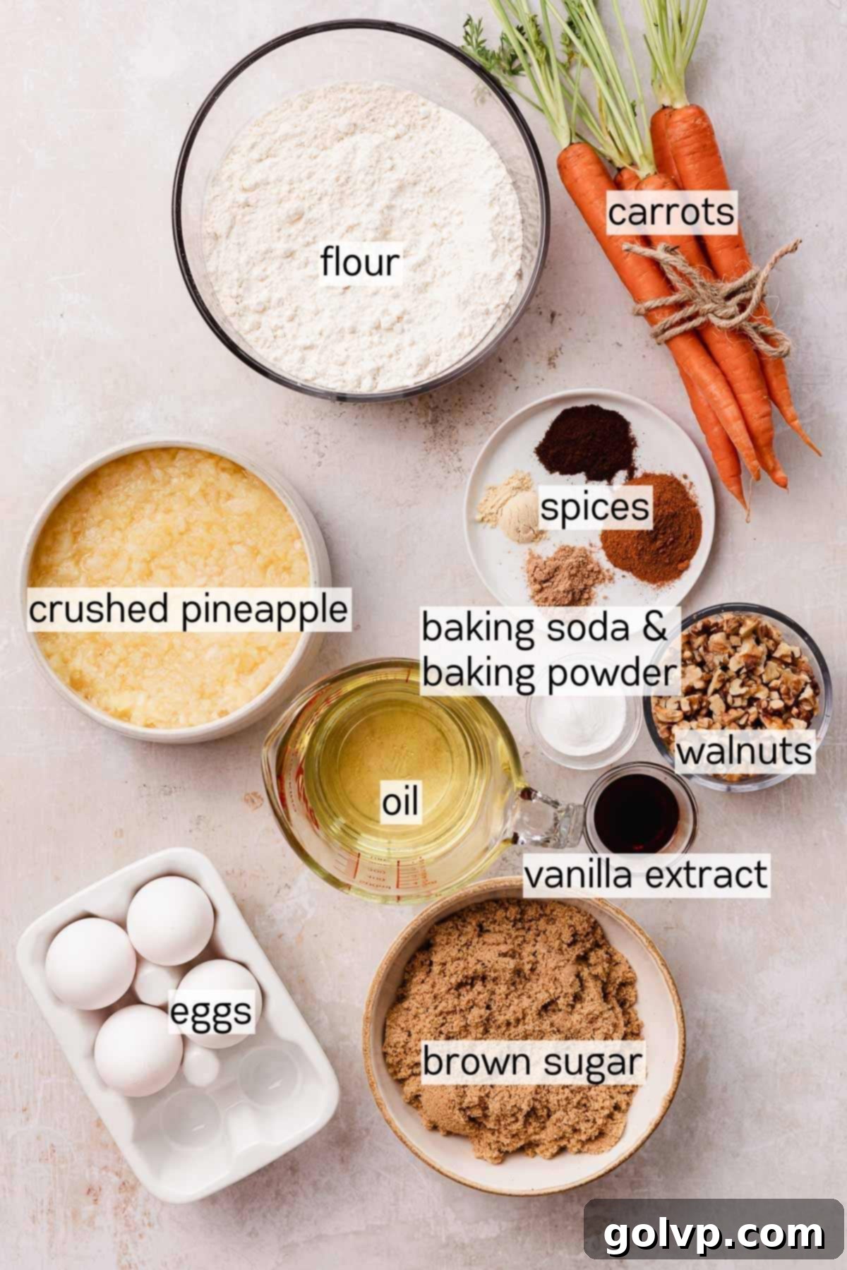 carrot cake with pineapple layer ingredients in bowls