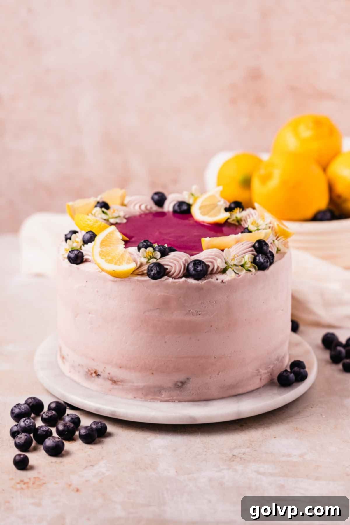 Decorated blueberry lemon cake, elegantly topped with fresh blueberries, thin lemon slices, and a dollop of glossy blueberry curd, on a white cake stand.