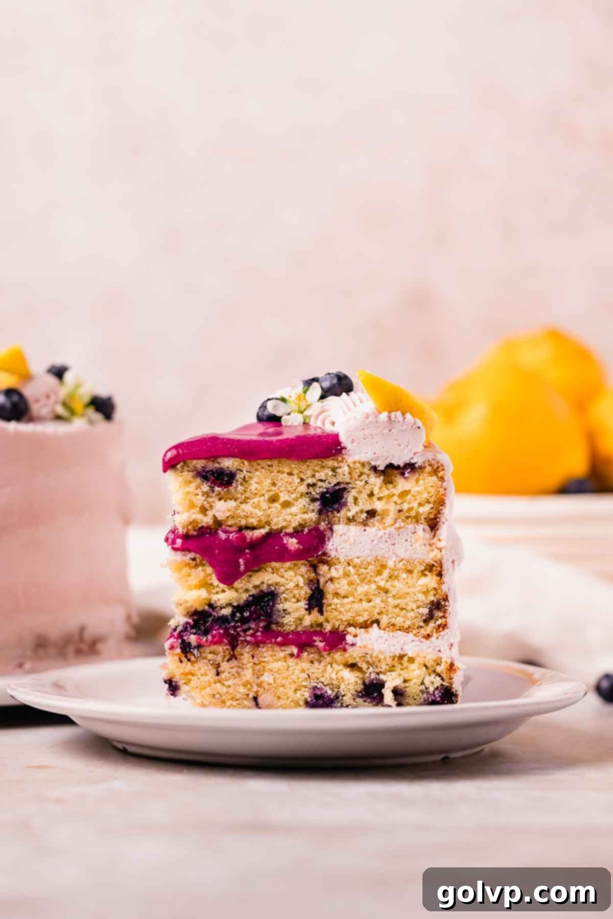 A pristine slice of blueberry lemon cake standing on a white plate, showcasing its layers of cake, curd, and frosting.
