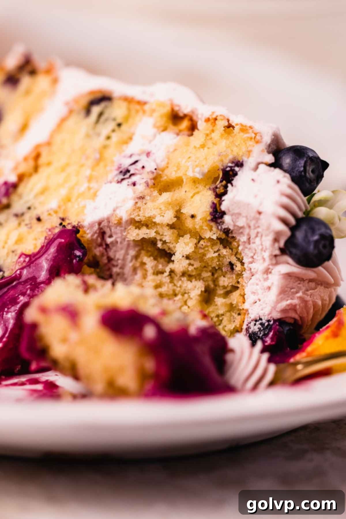 A slice of blueberry lemon cake with a bite taken out, showing its moist texture and rich filling.