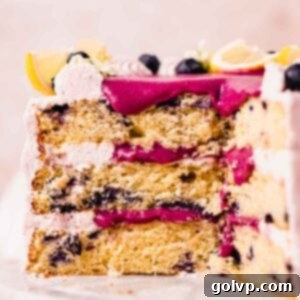 closeup of blueberry lemon cake cross section with blueberry curd filling