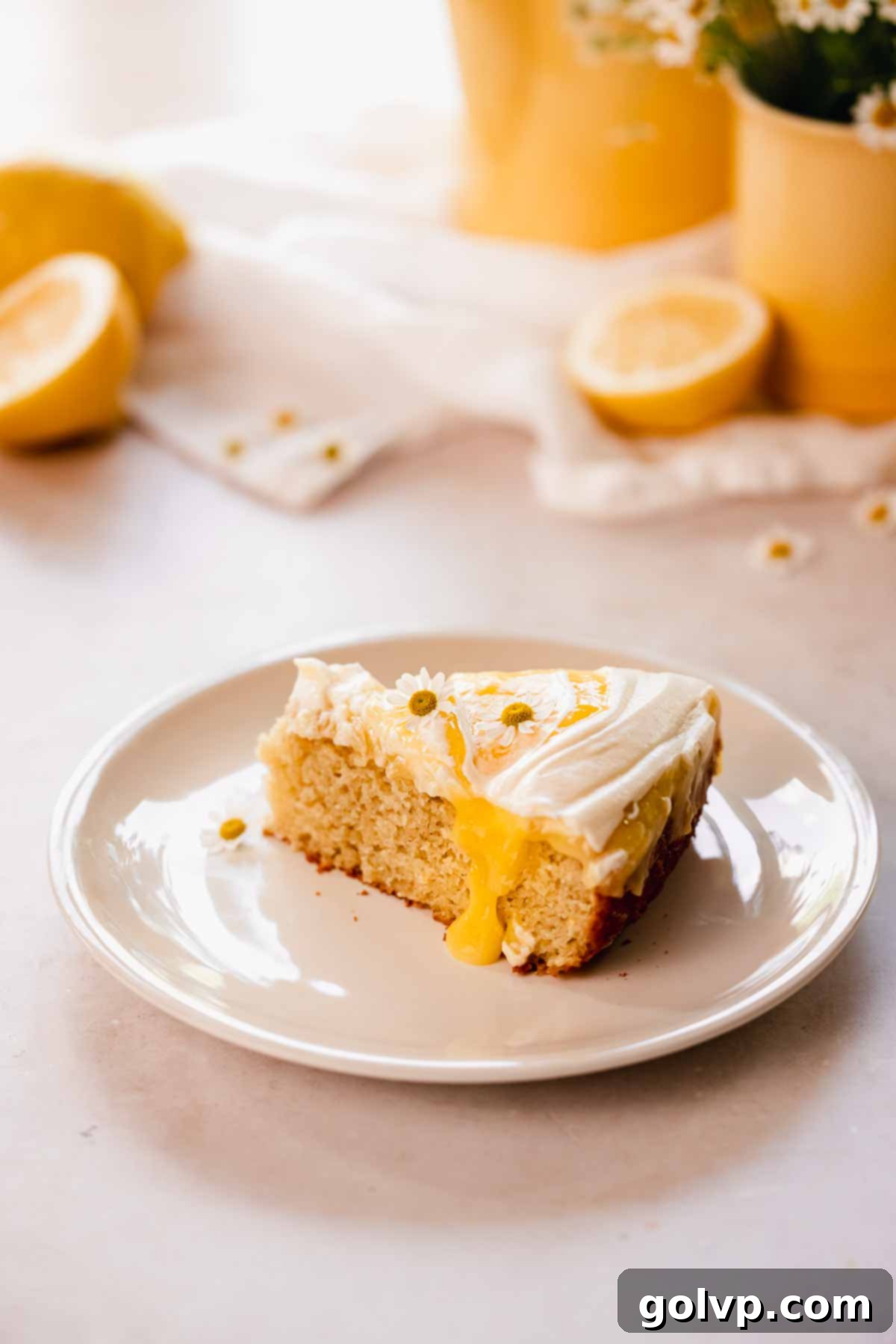 A vibrant slice of lemon poke cake on a white plate, showcasing the oozing lemon curd beneath a cloud of whipped cream, garnished with chamomile flowers.