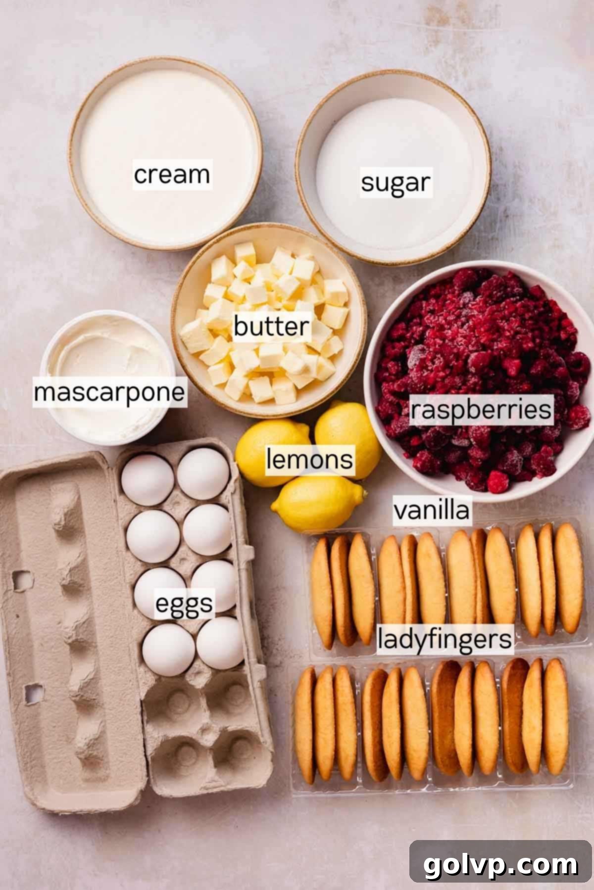 raspberry tiramisu ingredients in bowls