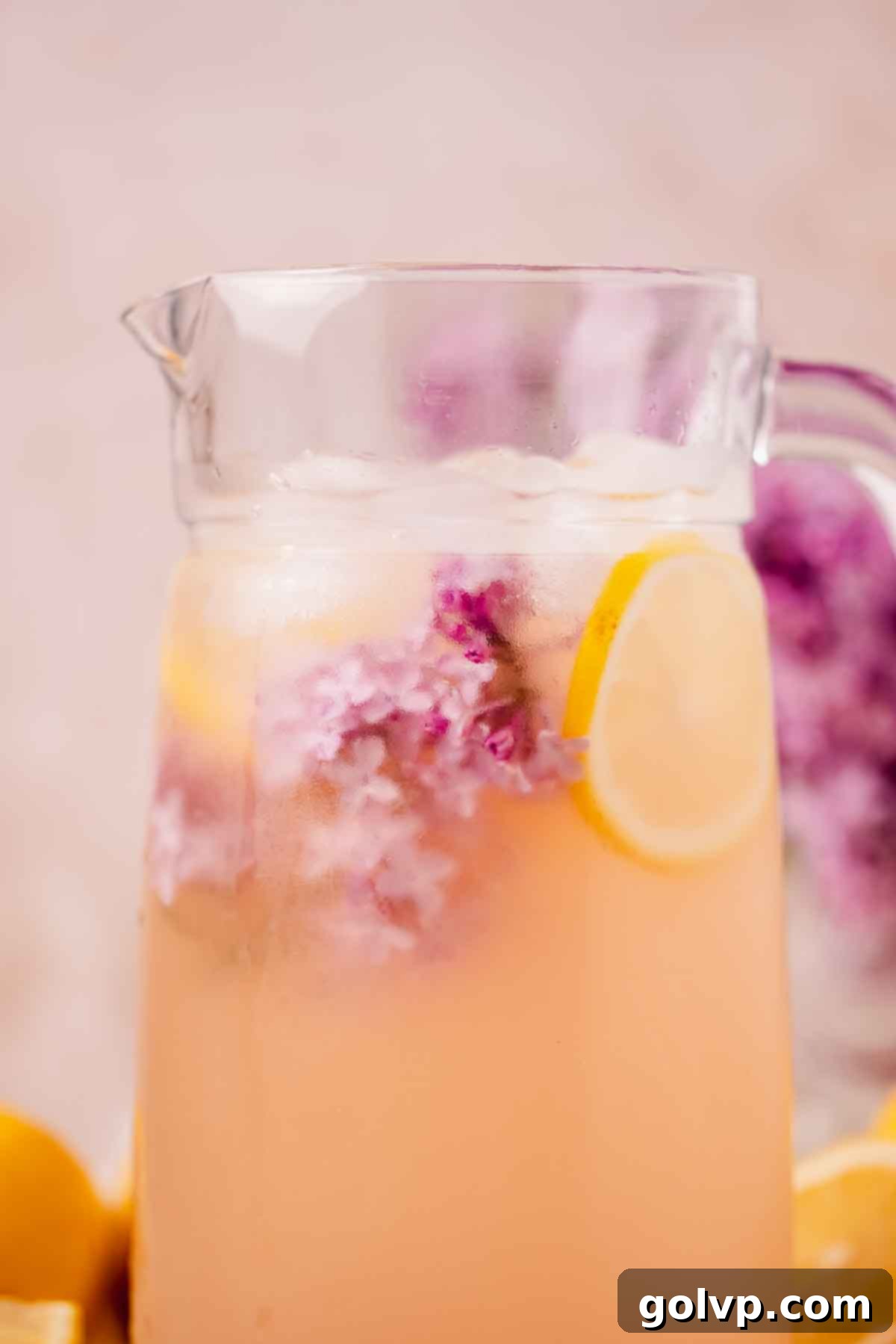 closeup of lilac lemonade in pitcher with lilac blossoms
