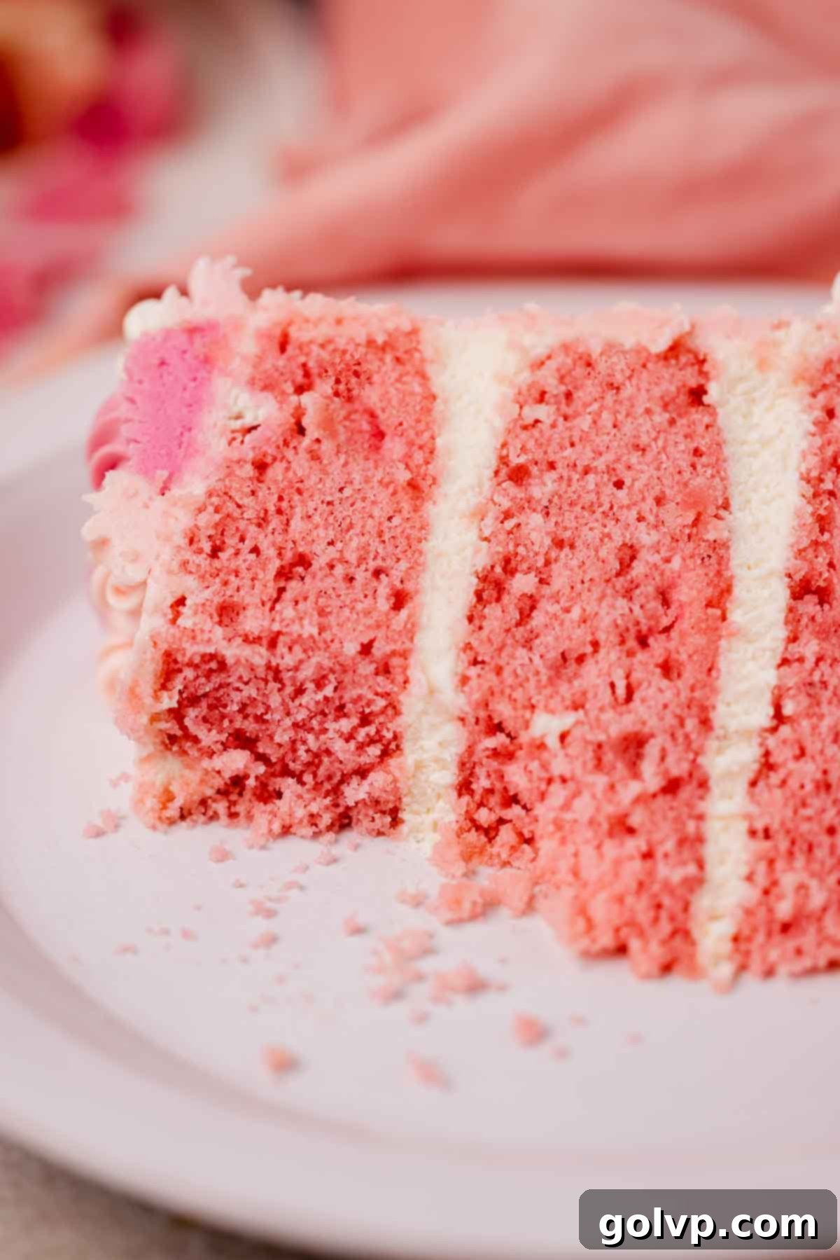 closeup of pink velvet cake texture