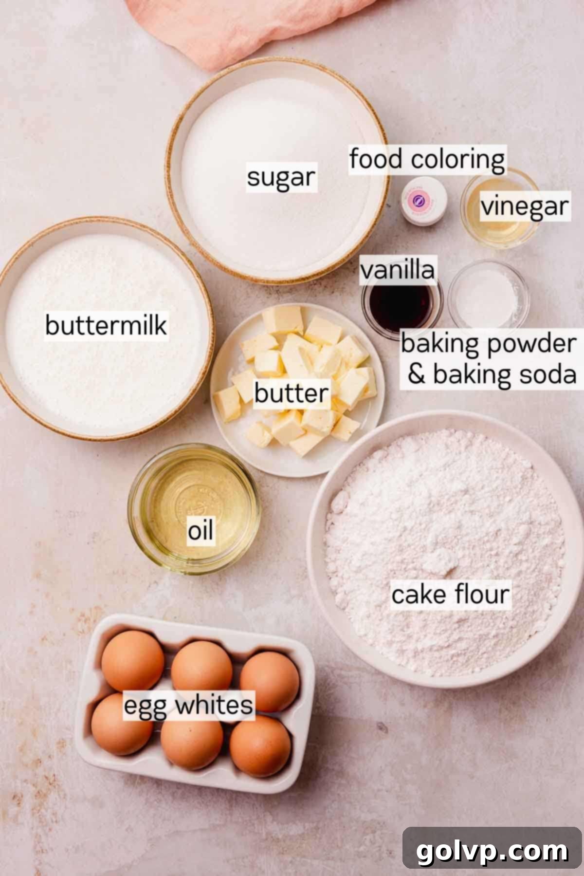 pink velvet cake ingredients in bowls