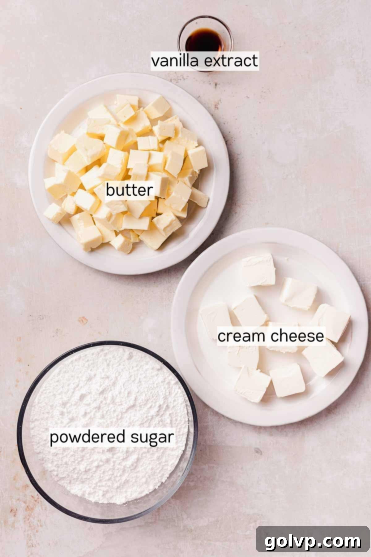 cream cheese frosting ingredients in bowls