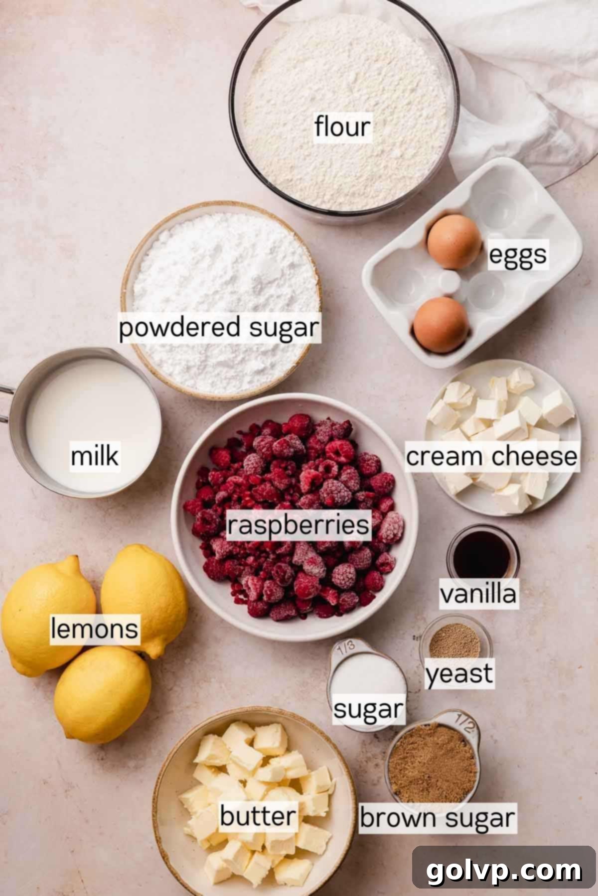 ingredients for raspberry rolls in bowls
