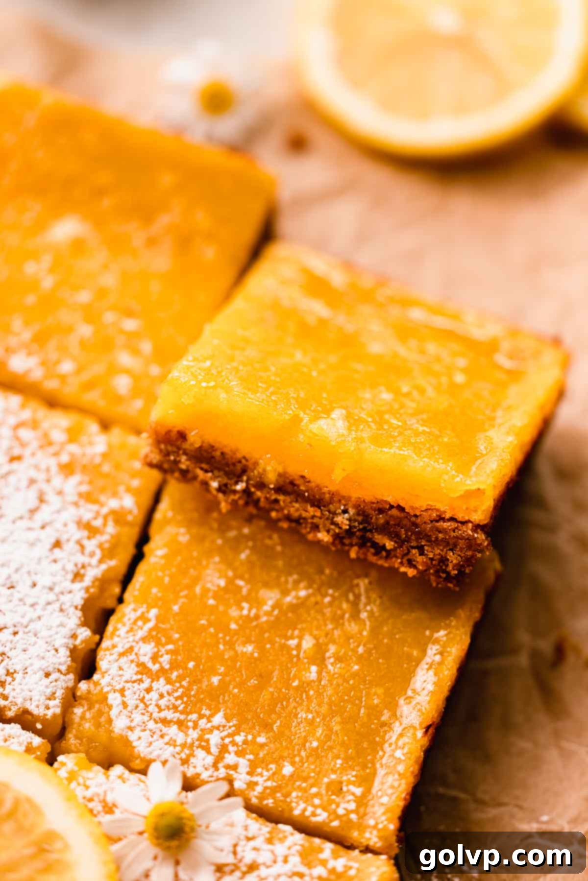 closeup of lemon bars without powdered sugar