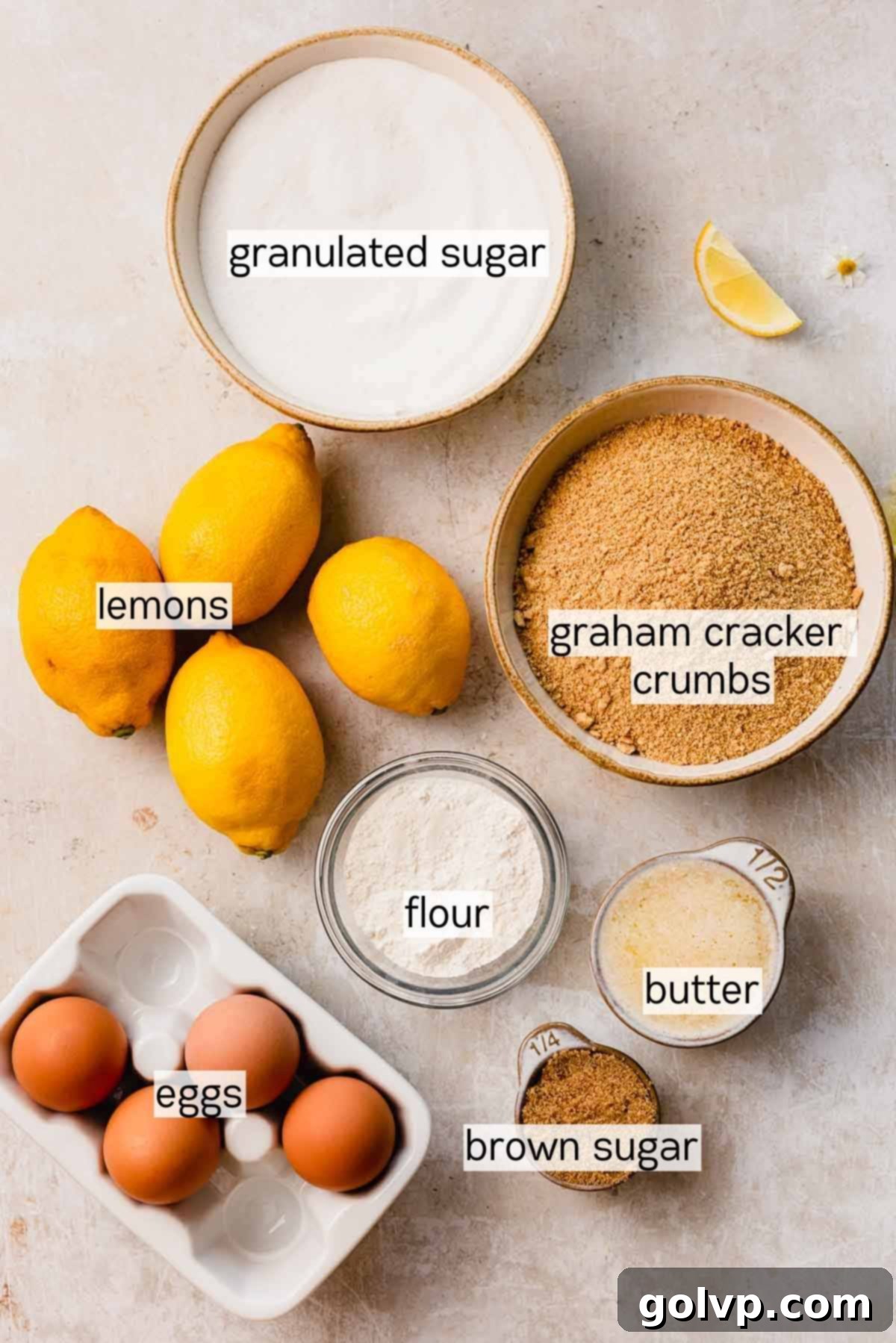 lemon bar ingredients in bowls
