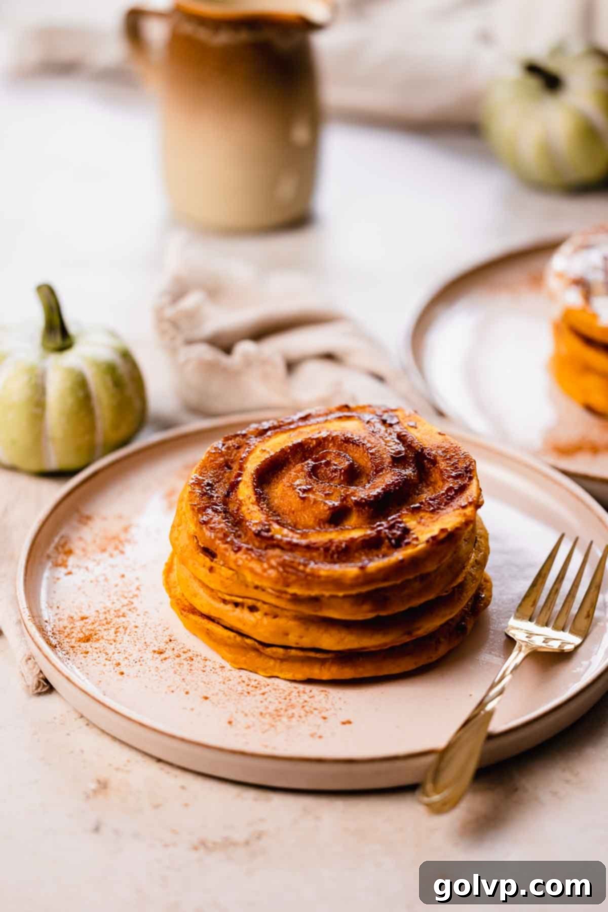 Close-up of golden brown pumpkin spice pancake with caramelized swirl