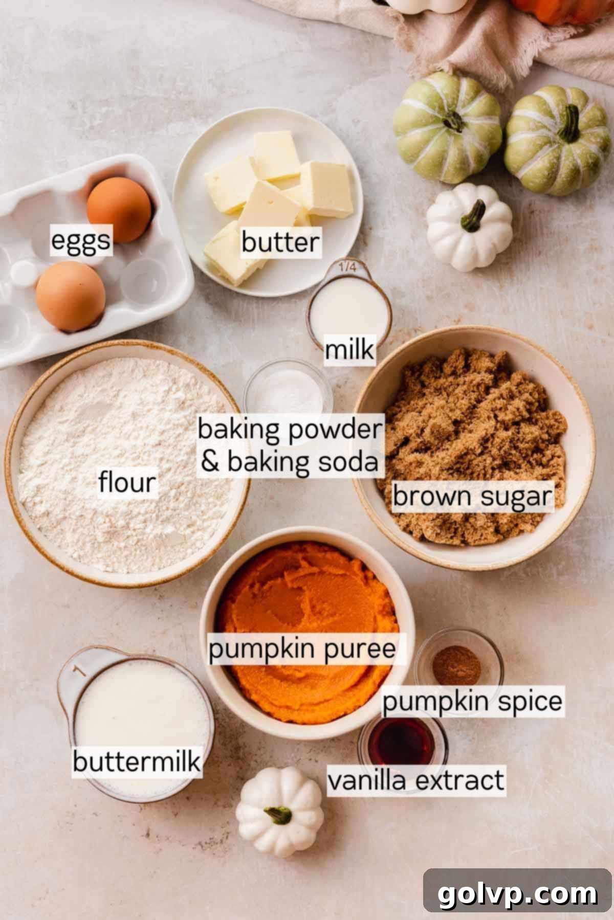 Ingredients laid out for pumpkin spice pancakes