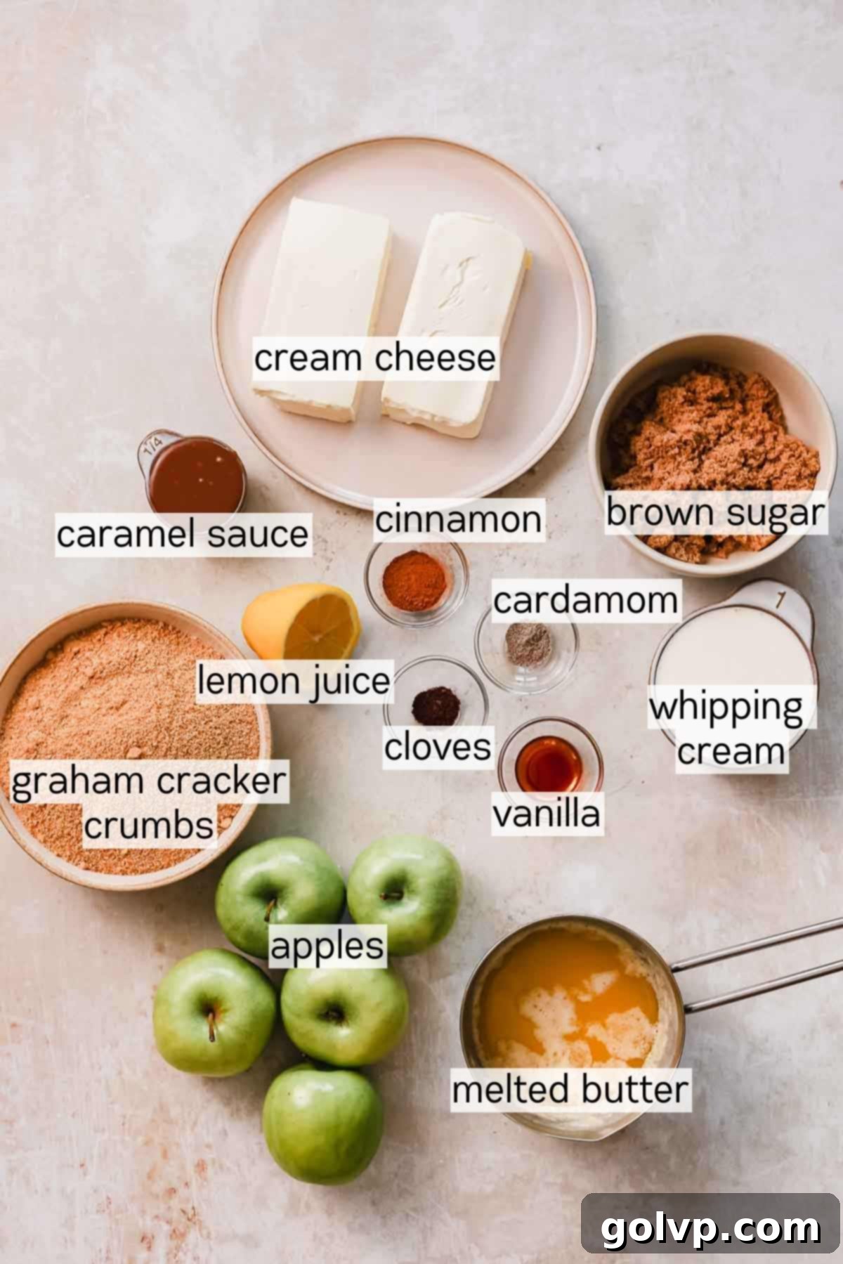 pre measured ingredients for caramel apple cheesecake bars