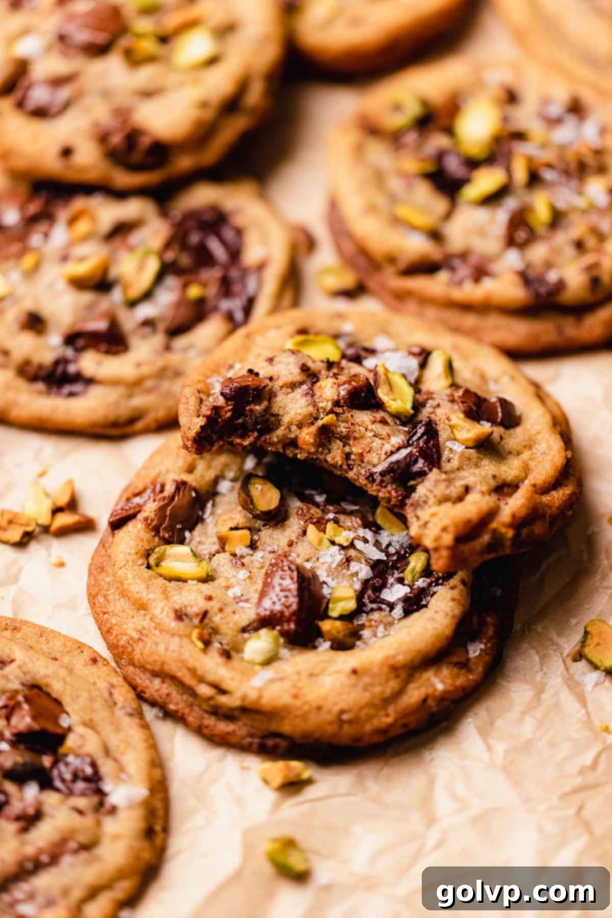 bitten pistachio chocolate cookie on top of whole cookie