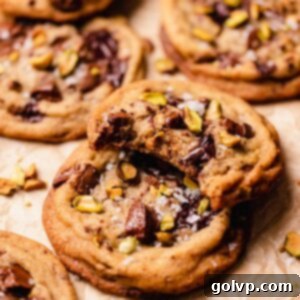 bitten pistachio chocolate cookie on top of whole cookie