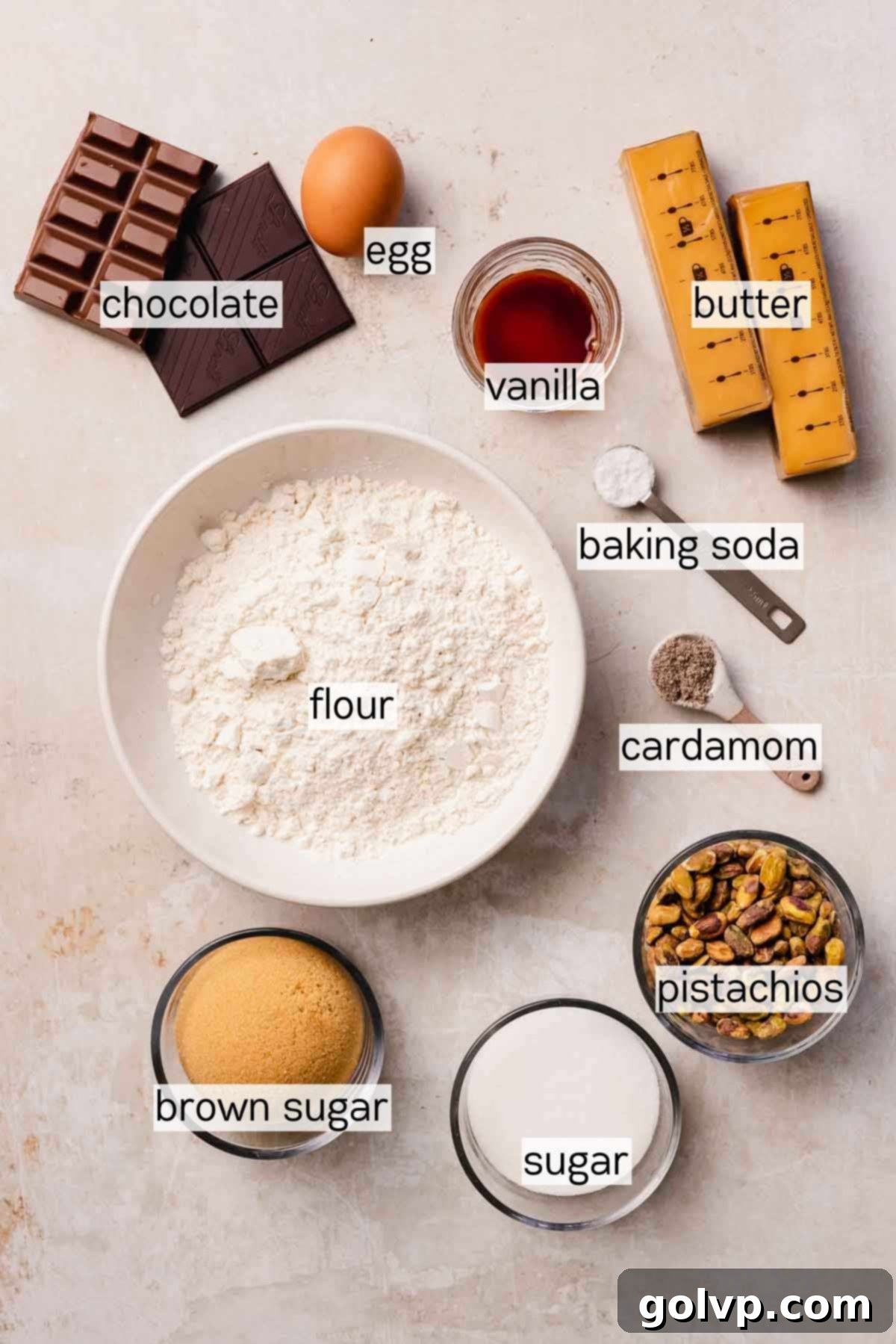 ingredients for pistachio chocolate chip cookies in bowls