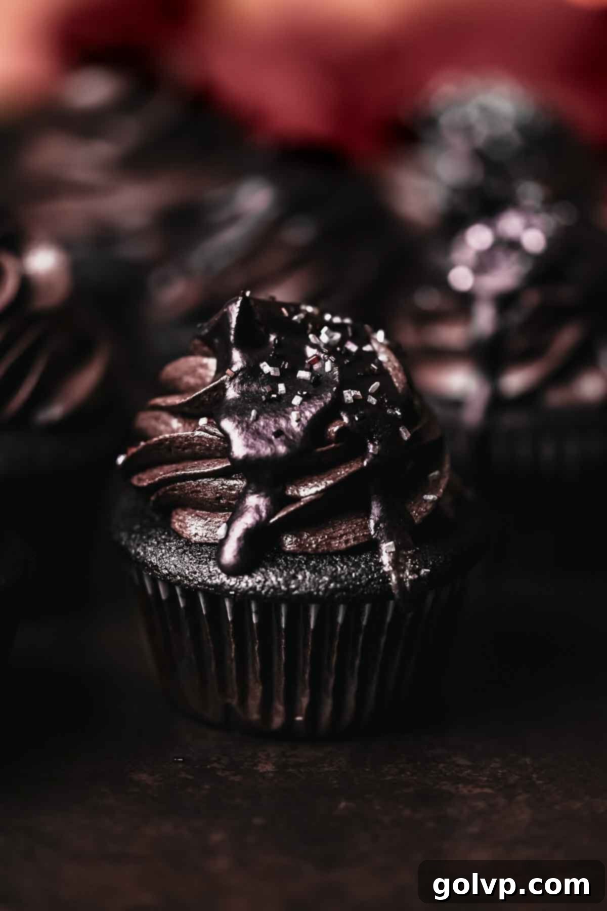 Dark Chocolate Fudge Cookies 3 closeup of black velvet cupcake