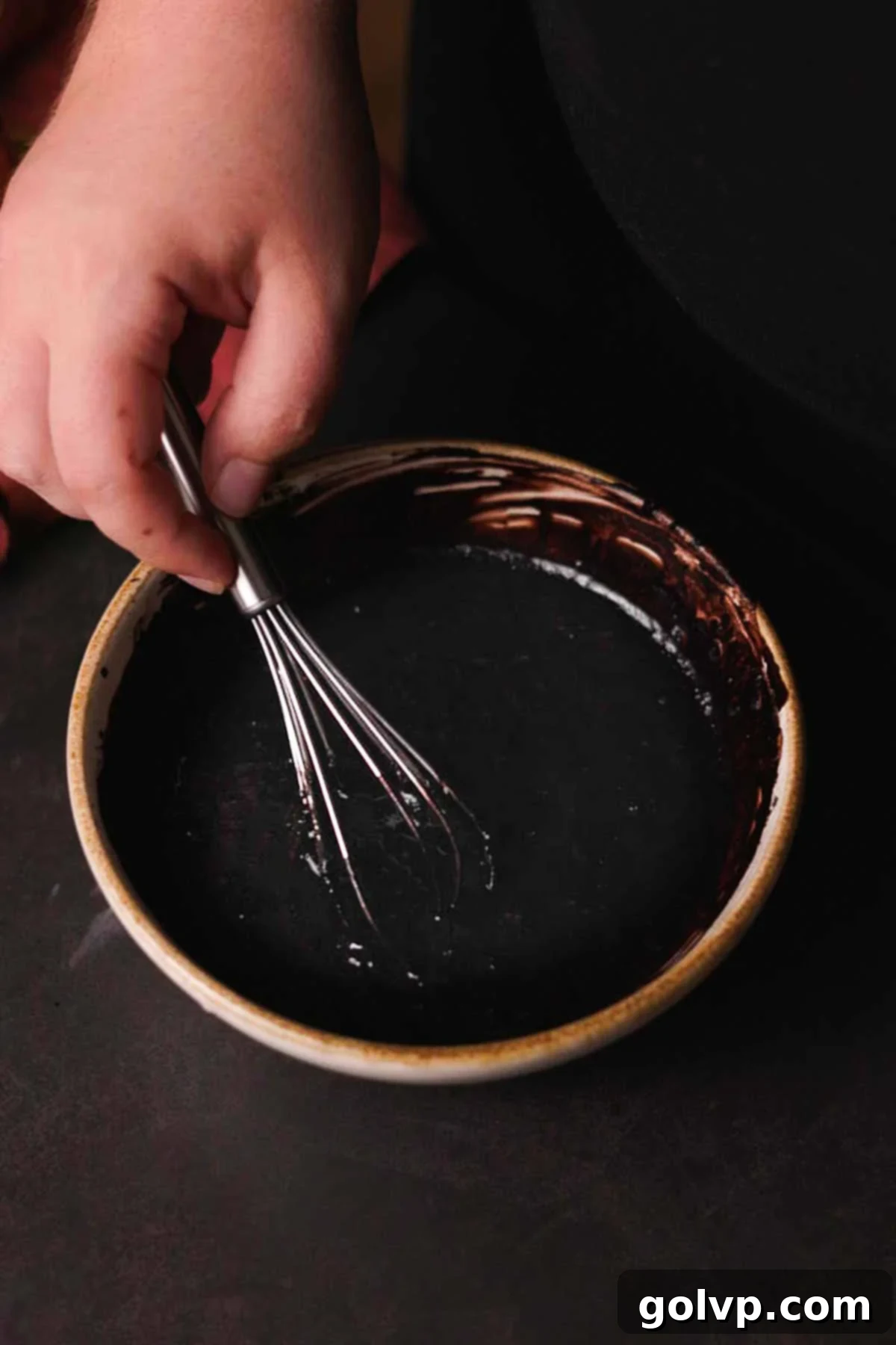 Dark Chocolate Fudge Cookies 4 whisking hot water and black cocoa