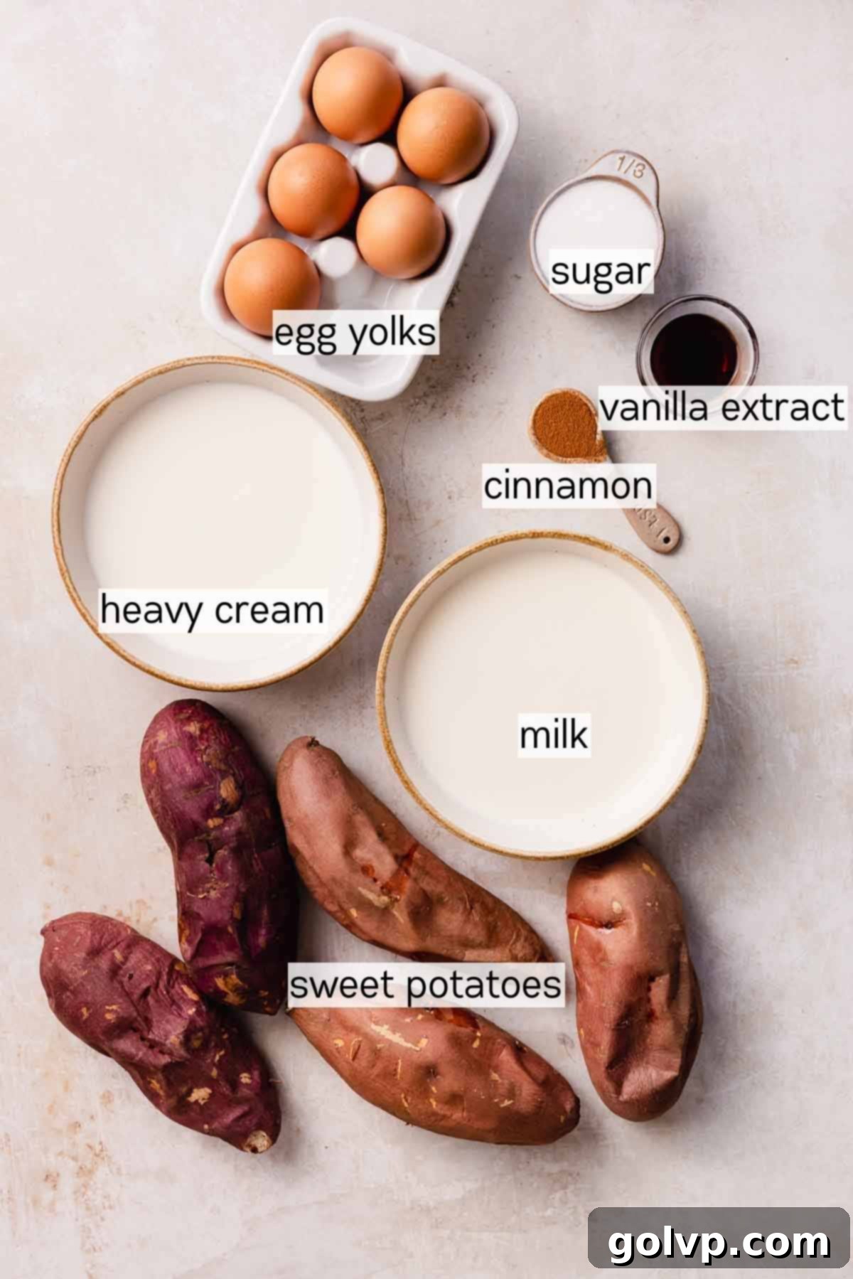 Ingredients measured out and labeled for sweet potato crème brûlée, including egg yolks, sugar, cinnamon, and sweet potatoes.