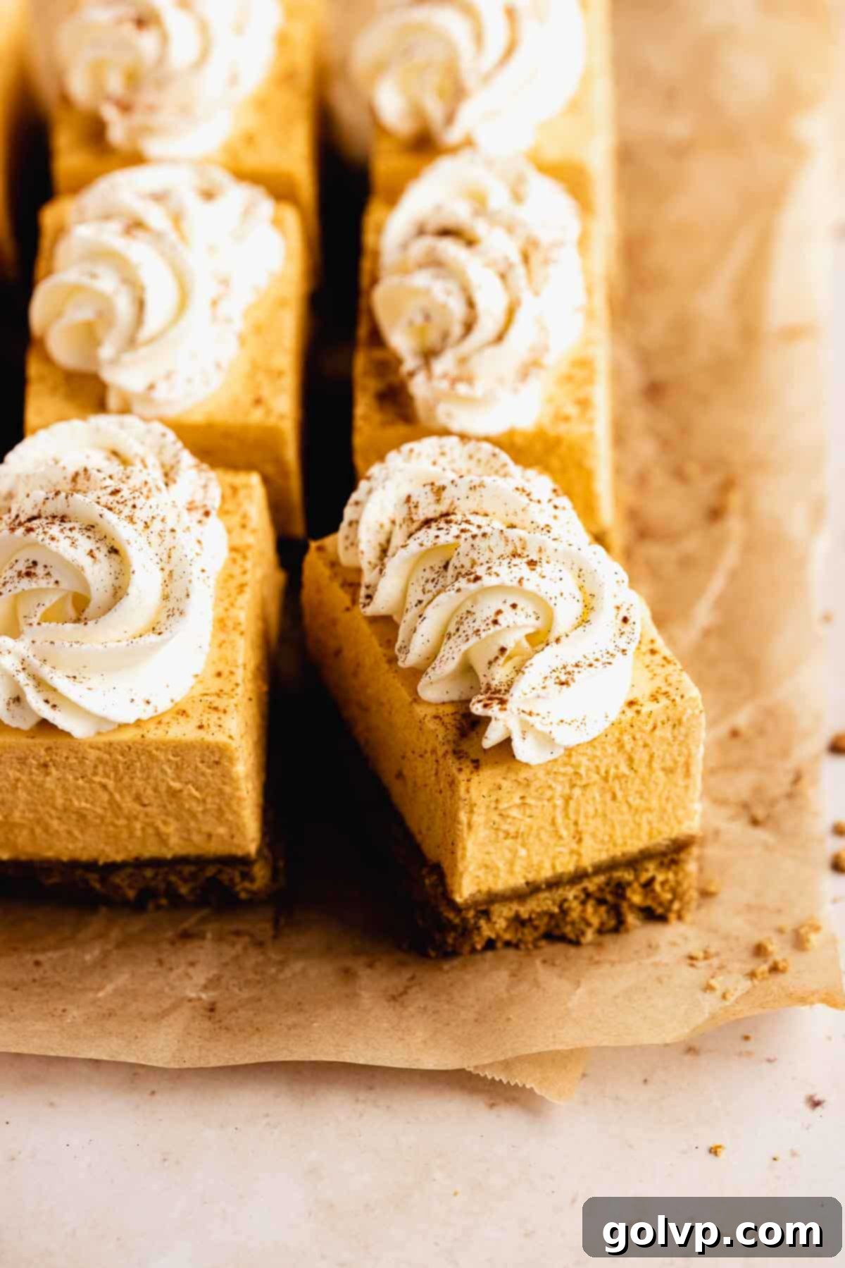 Pumpkin cheesecake bars adorned with elegant swirls of whipped cream, neatly arranged on parchment paper, ready for a festive serving.