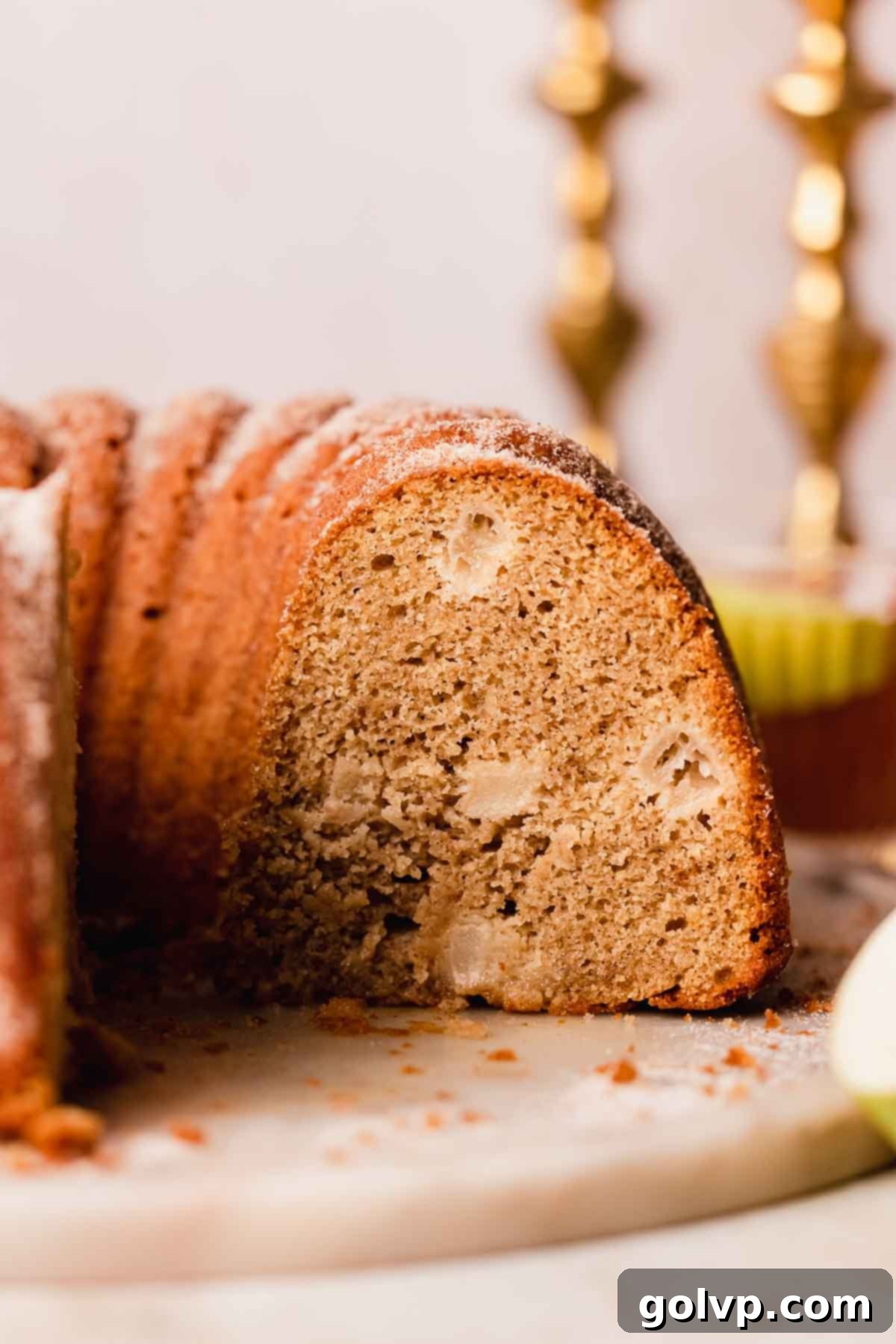 Cross-section of an apple cider donut cake on a plate, highlighting its tender, moist crumb and delightful cinnamon sugar exterior, a perfect fall treat.