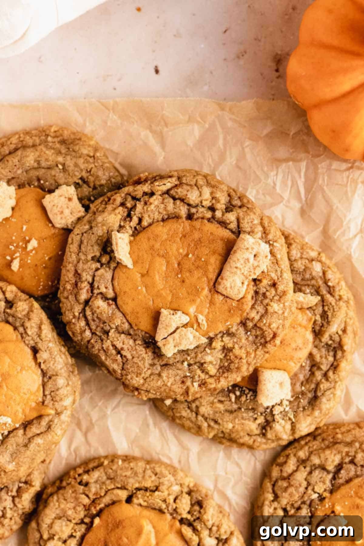 Delicious pumpkin cheesecake cookies arranged on parchment paper, adorned with scattered pieces of graham crackers for added texture and flavor, ready to be enjoyed.