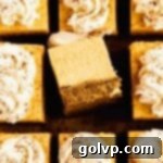 Top-down view of pumpkin cheesecake bars, with one slice artfully turned on its side to showcase its rich, layered composition.