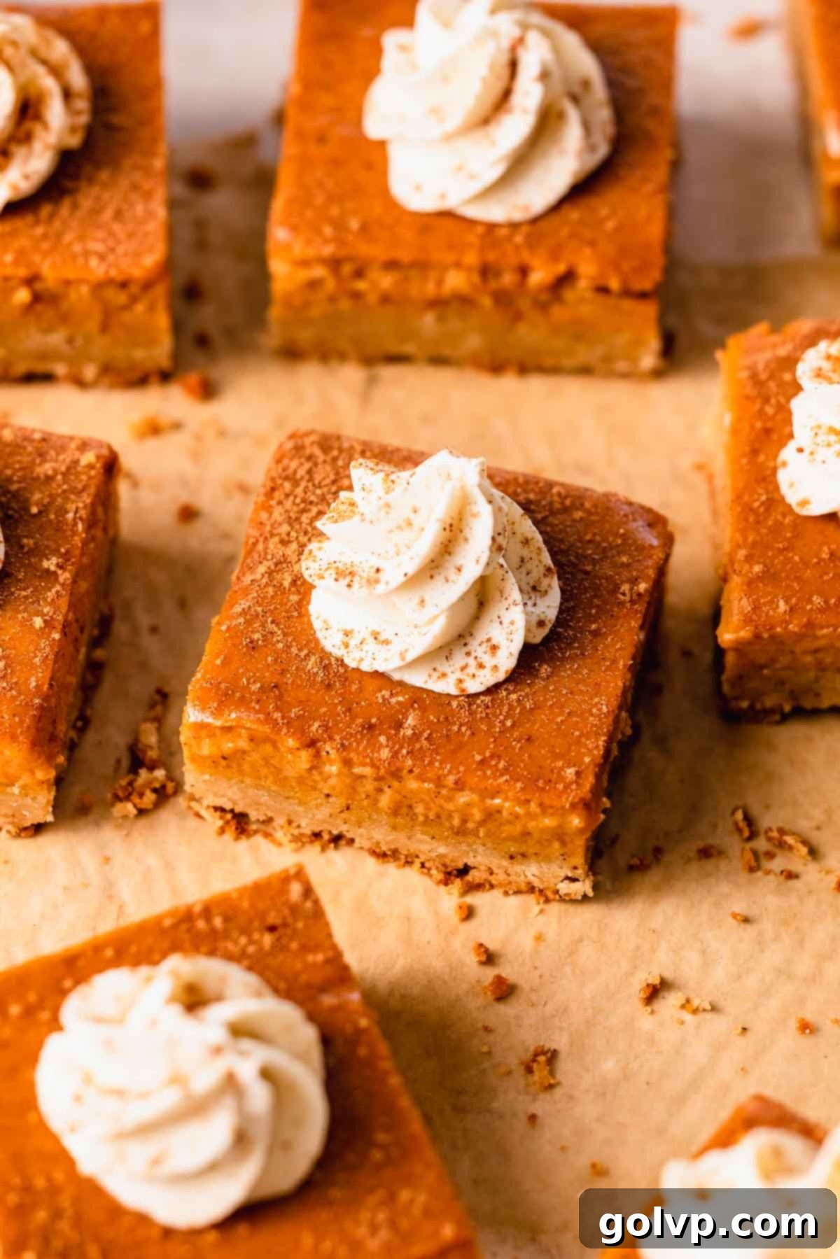 finished pumpkin pie bars with whipped cream on a plate