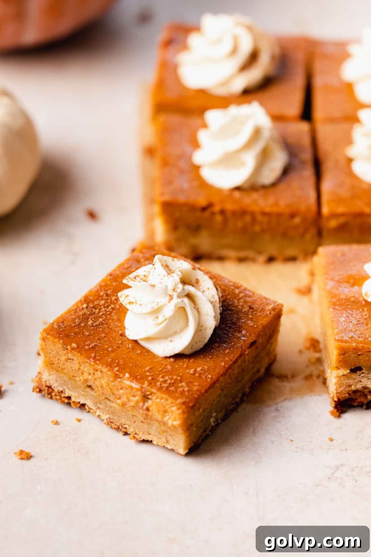 pumpkin pie bars with whipped cream on a cooling rack