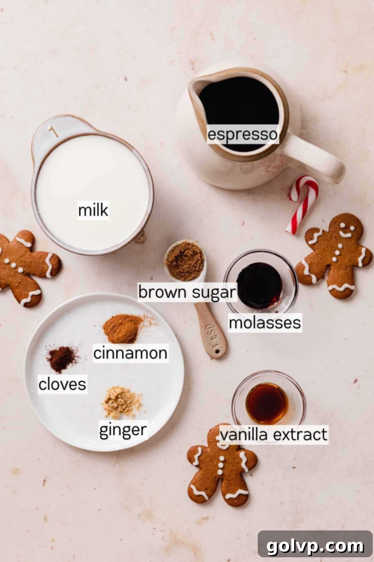Carefully measured ingredients laid out on a table, ready for making a gingerbread latte