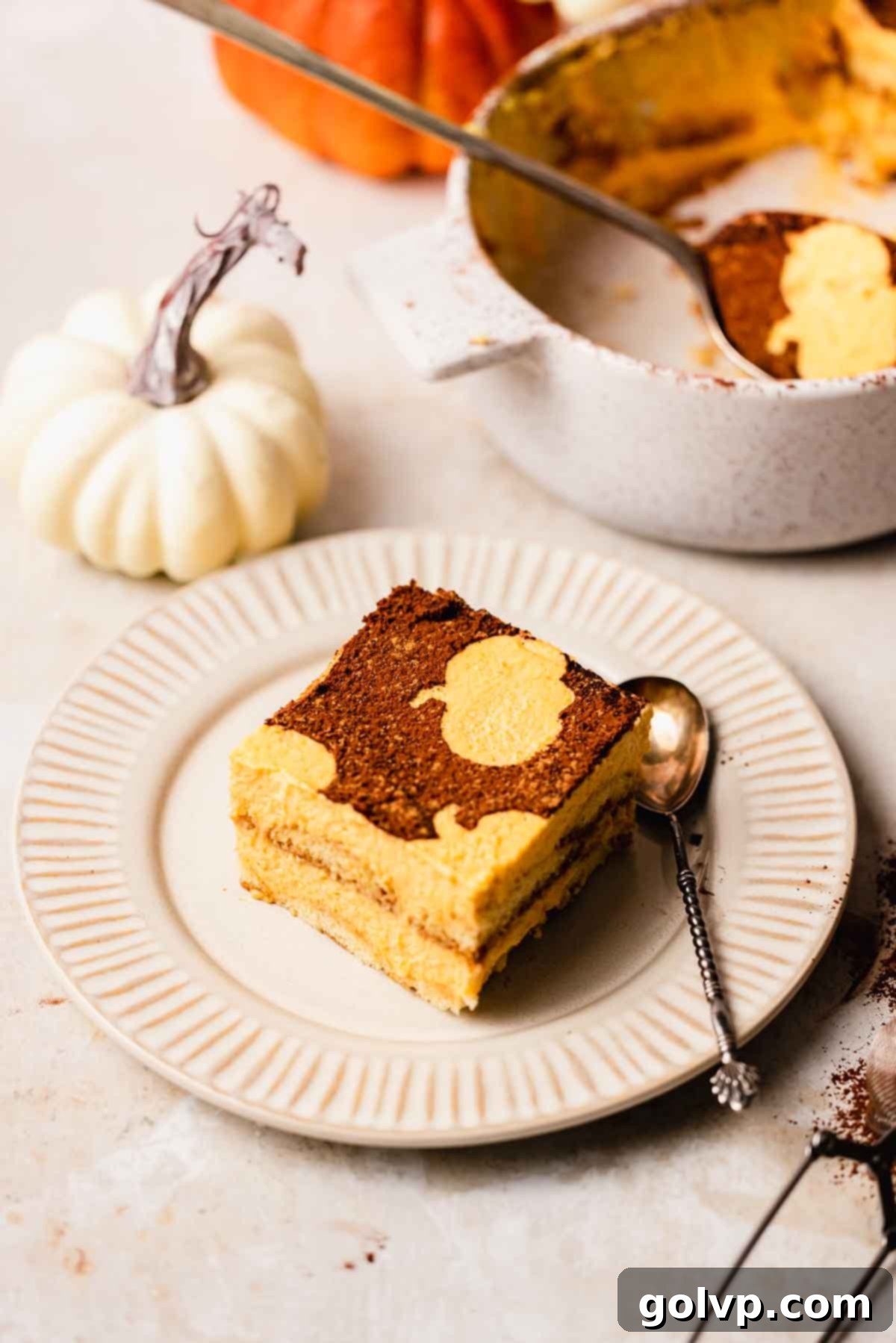 A perfectly sliced piece of pumpkin tiramisu with distinct layers