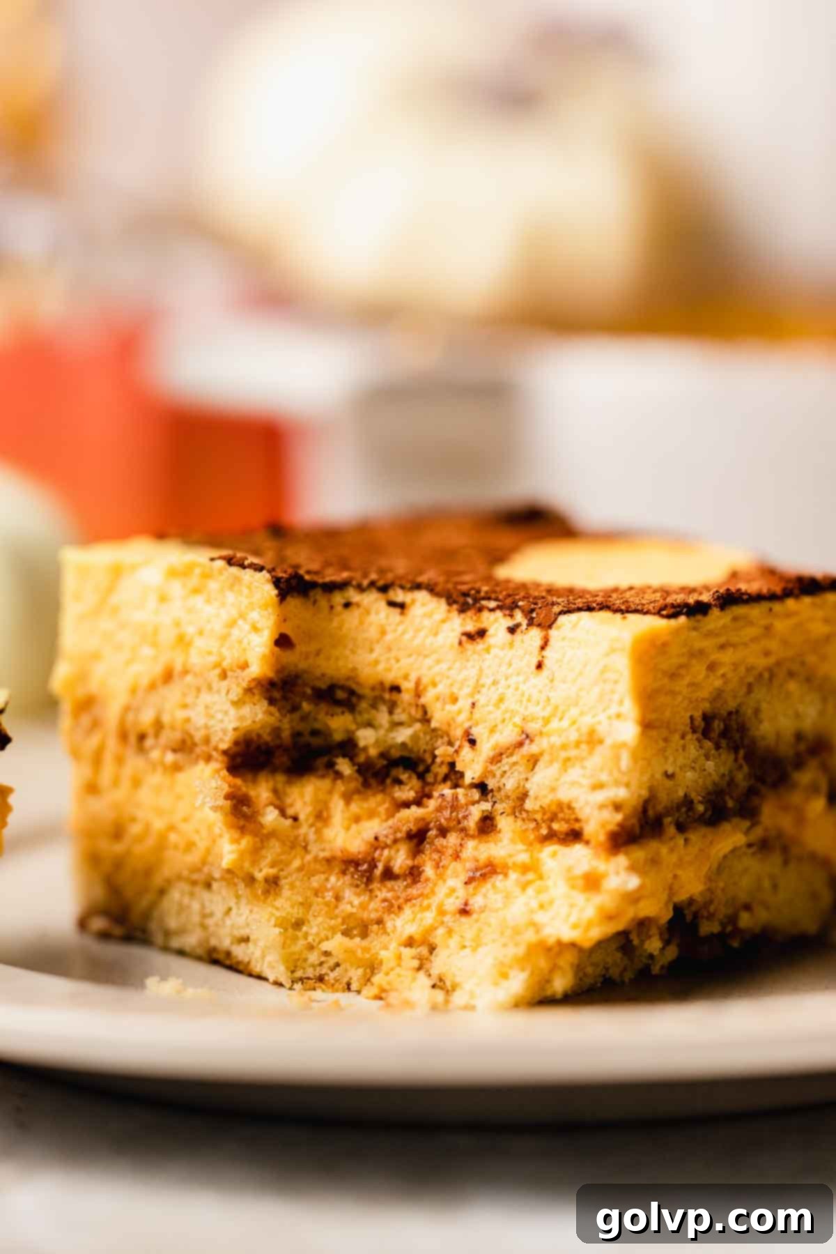 Closeup shot of a perfectly set pumpkin tiramisu revealing its creamy texture and cocoa dusting