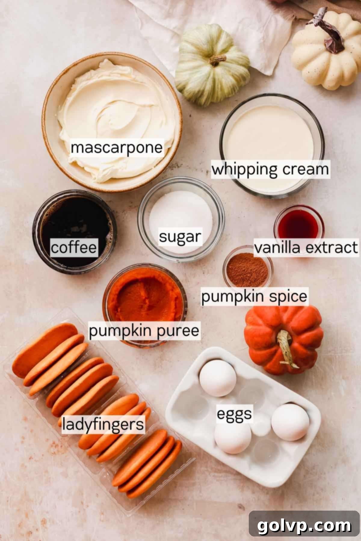 Ingredients for pumpkin tiramisu laid out, including pumpkin puree, spices, and mascarpone