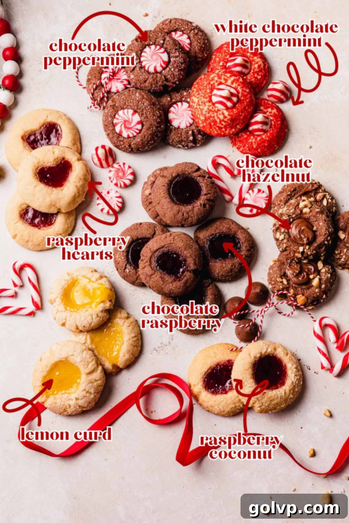 different flavor varieties of thumbprint cookies