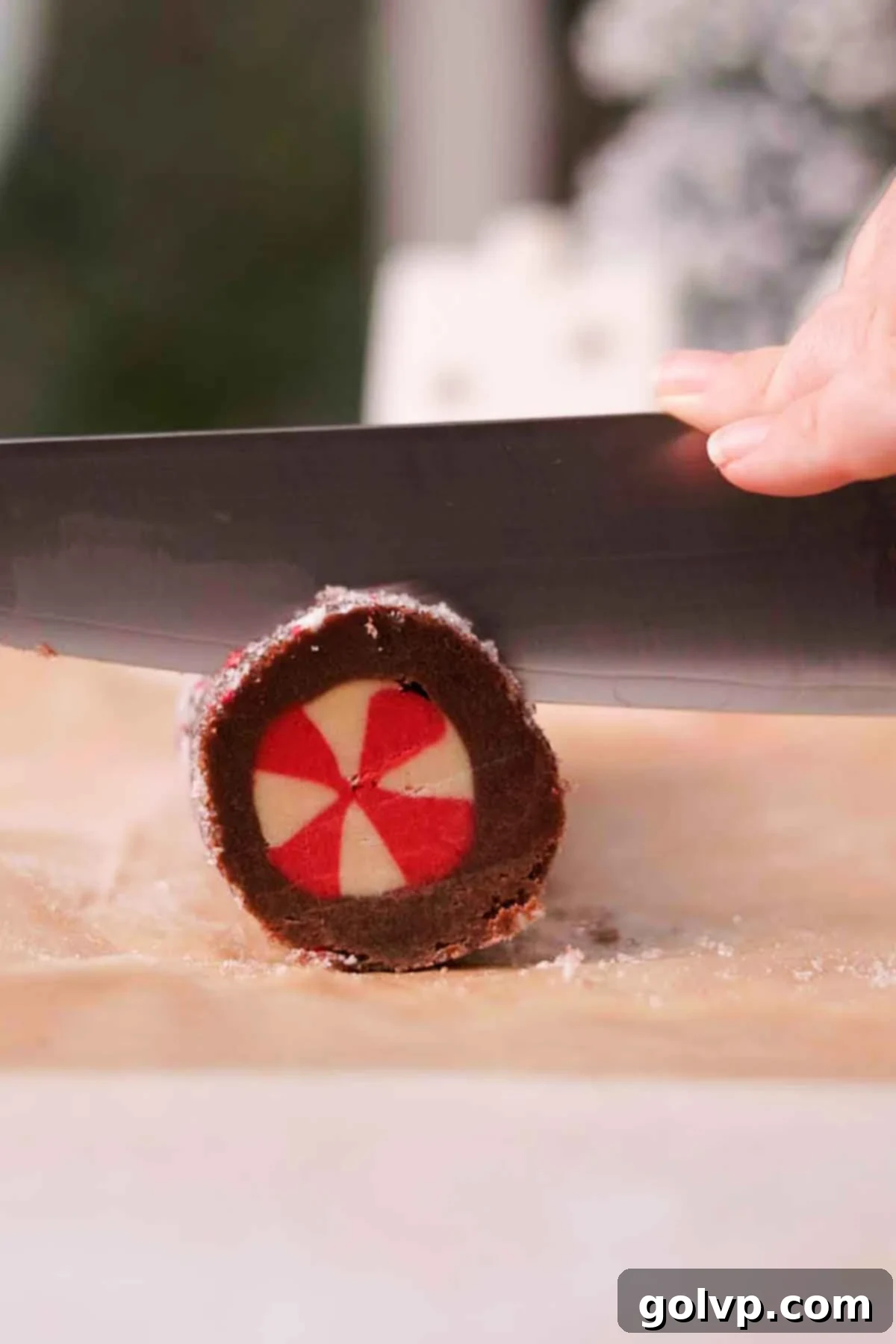 slicing cookie dough log into individual cookies