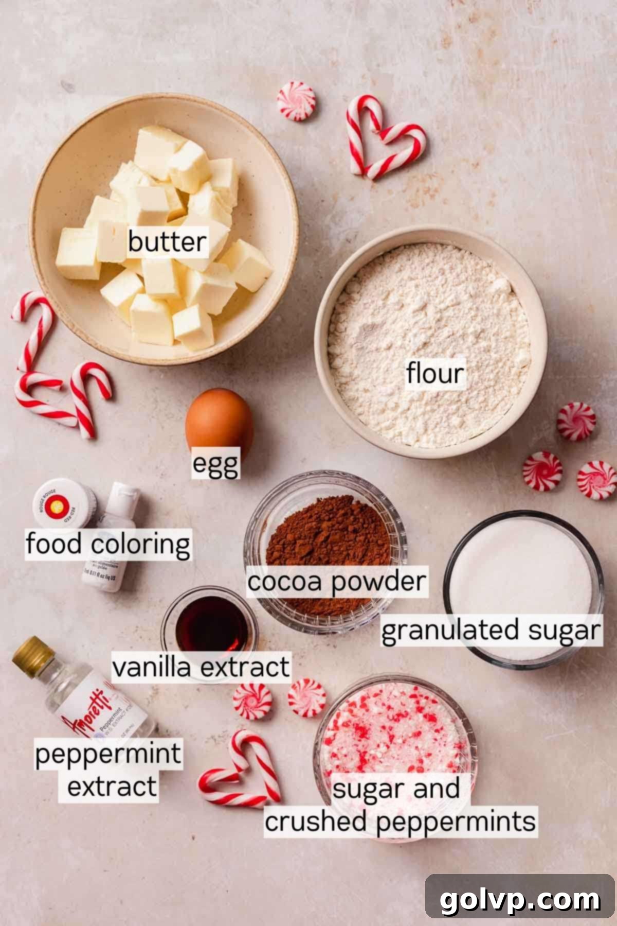Ingredients measured out for peppermint sugar cookies before mixing