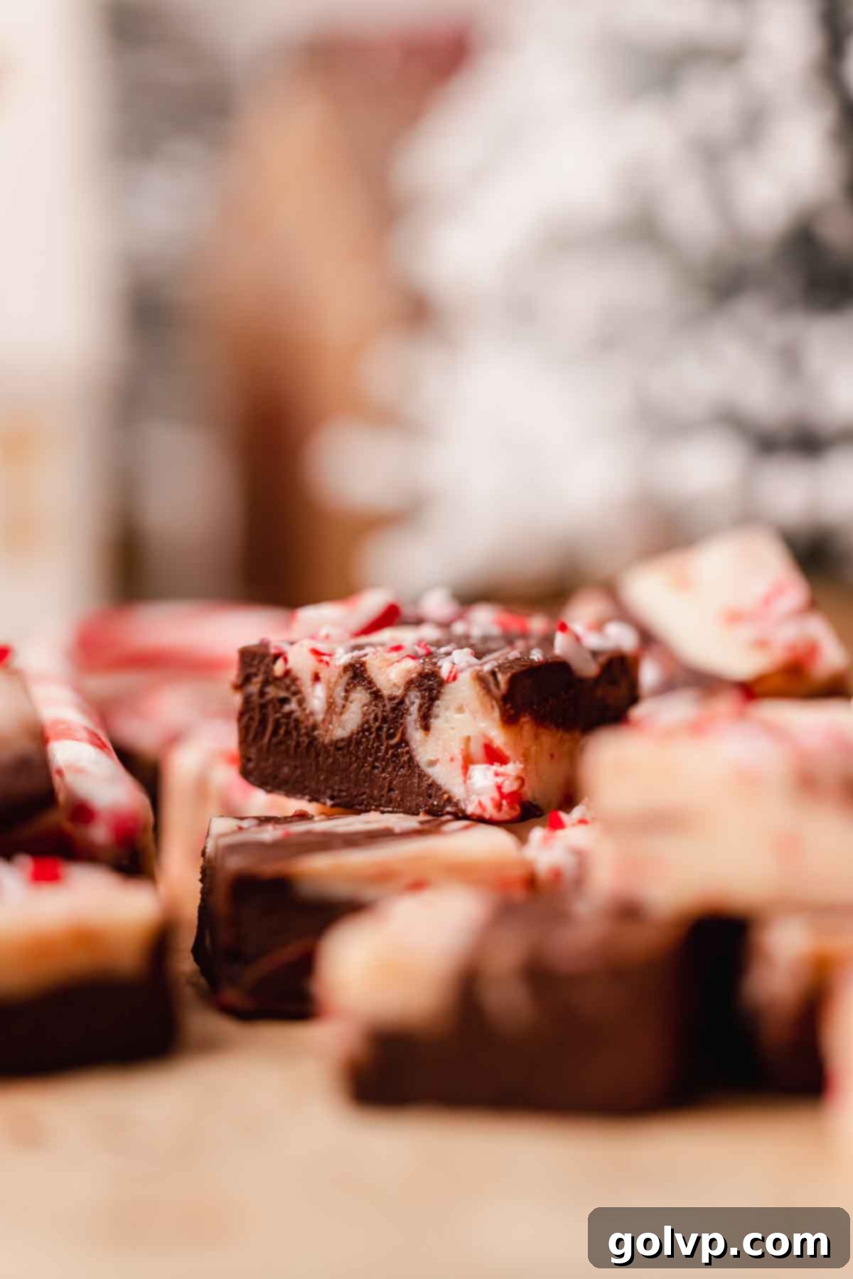 closeup of peppermint white and dark chocolate swirled fudge with visible candy cane pieces