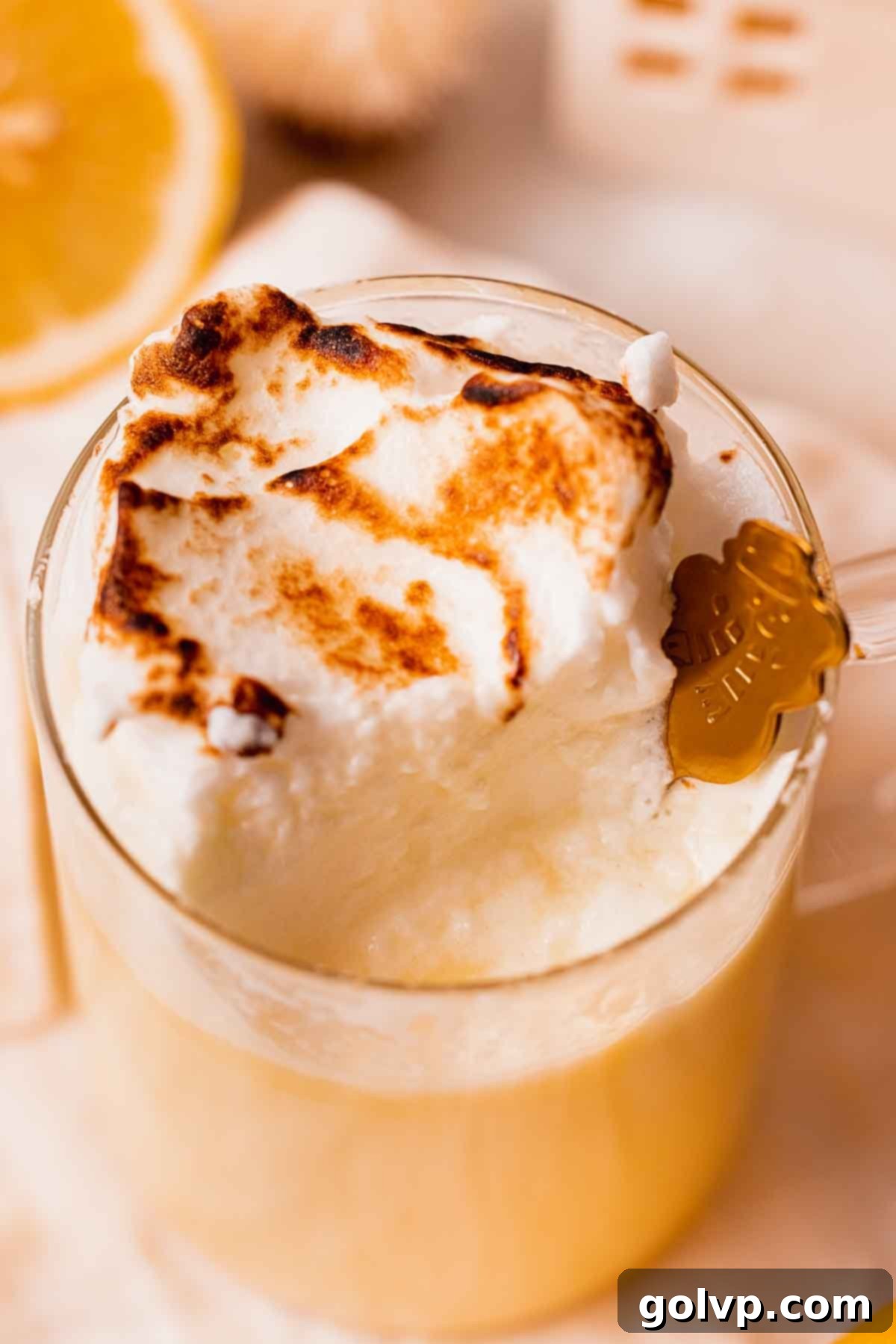 Zesty Meringue White Hot Cocoa Dream 3 closeup of lemon white hot chocolate in mug with toasted meringue
