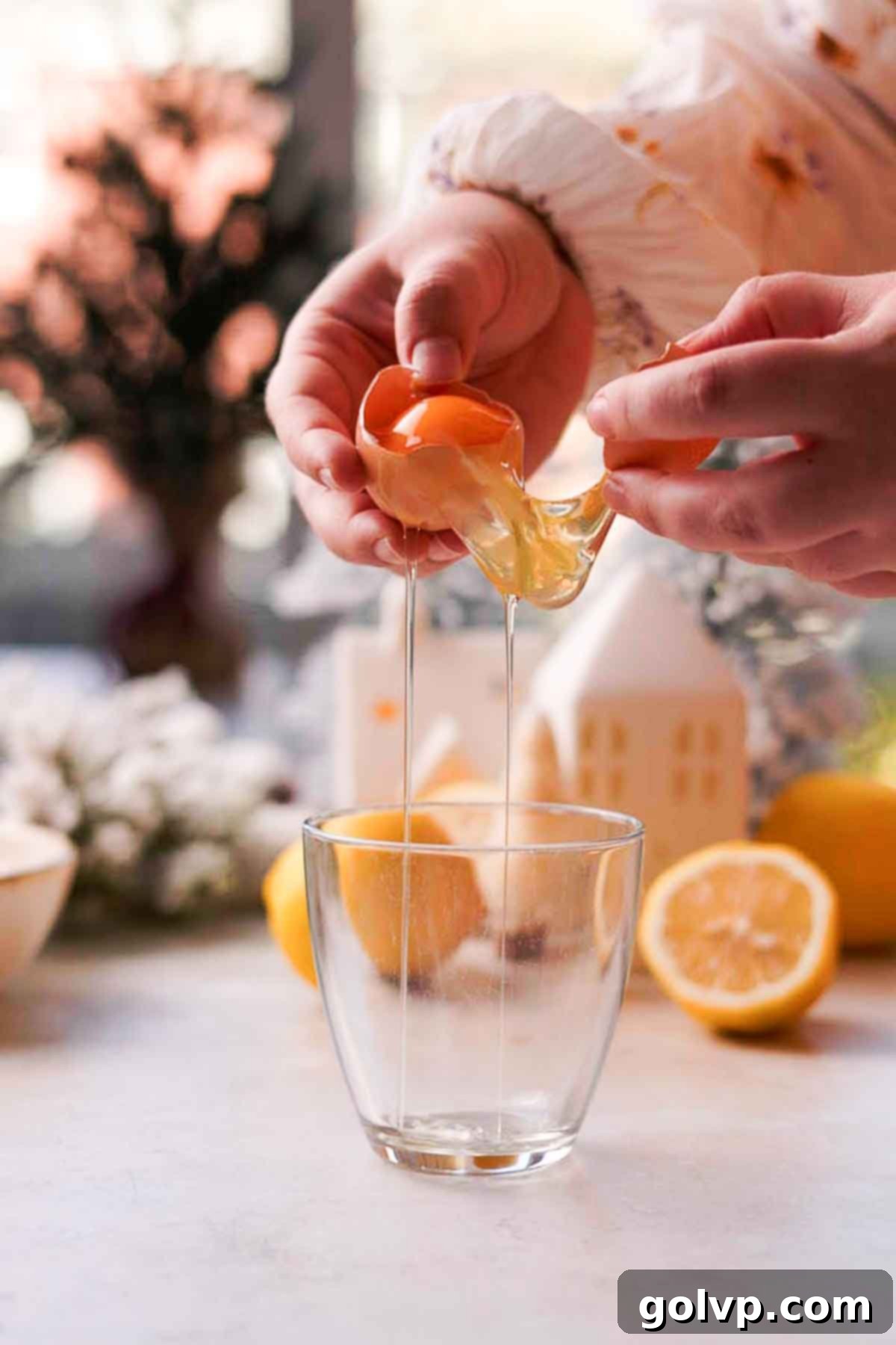 Zesty Meringue White Hot Cocoa Dream 5 separating egg yolk from egg white in a glass